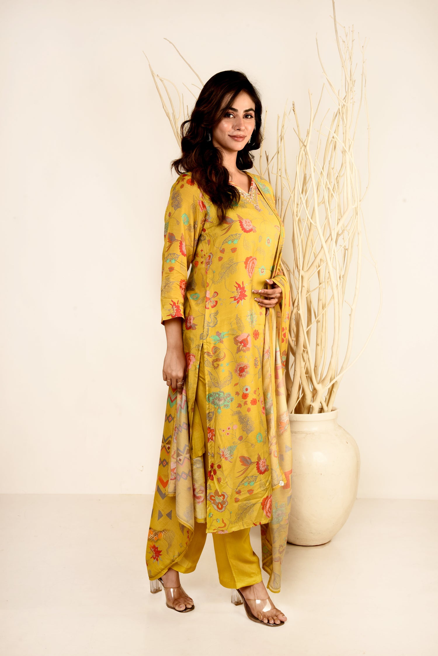 Sunshine Yellow Muslin Silk Floral Printed Kurta set with Embroidery