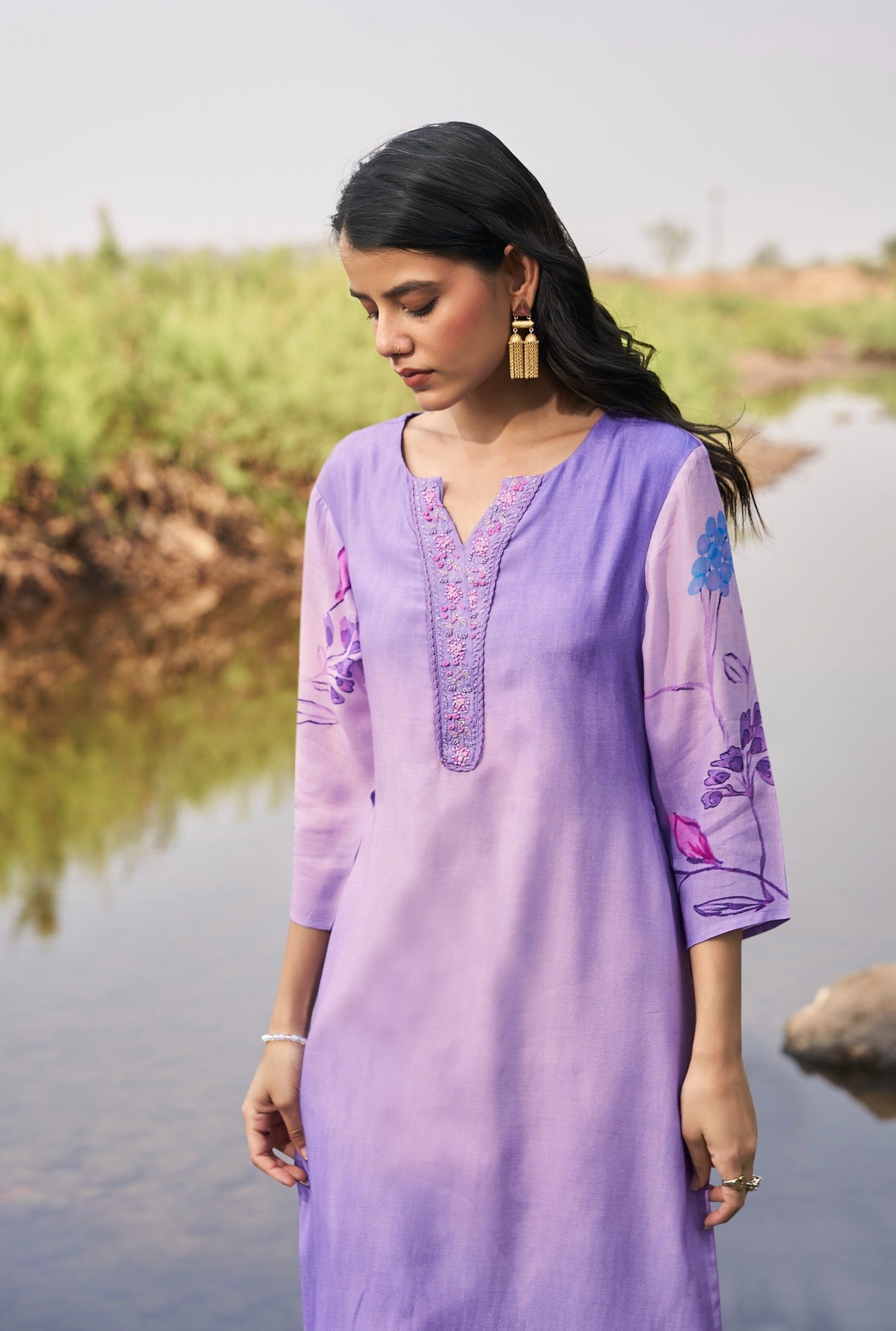 Violet Petal Muslin Silk Printed Kurta set with Embroidery