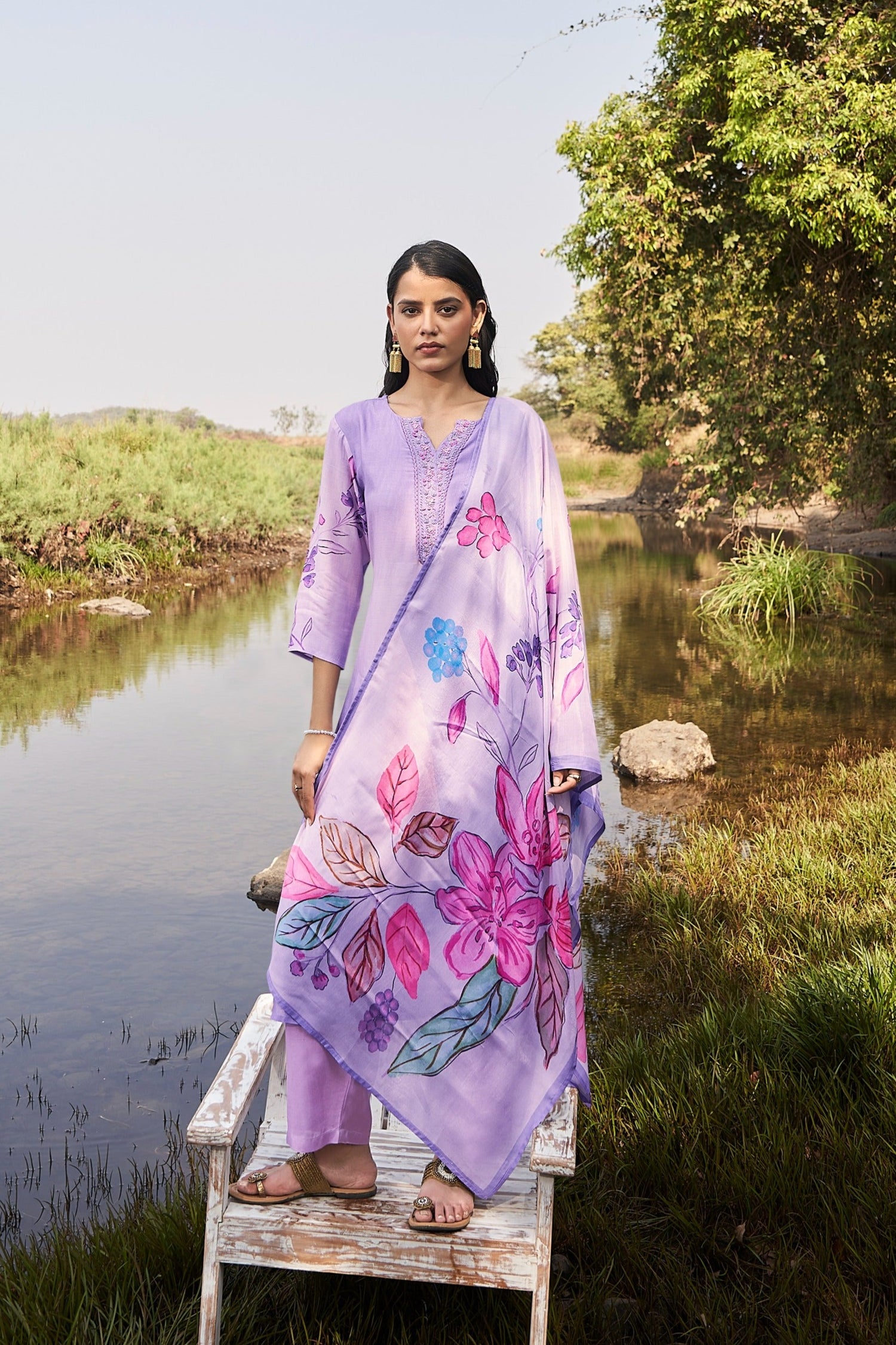 Violet Petal Muslin Silk Printed Kurta set with Embroidery