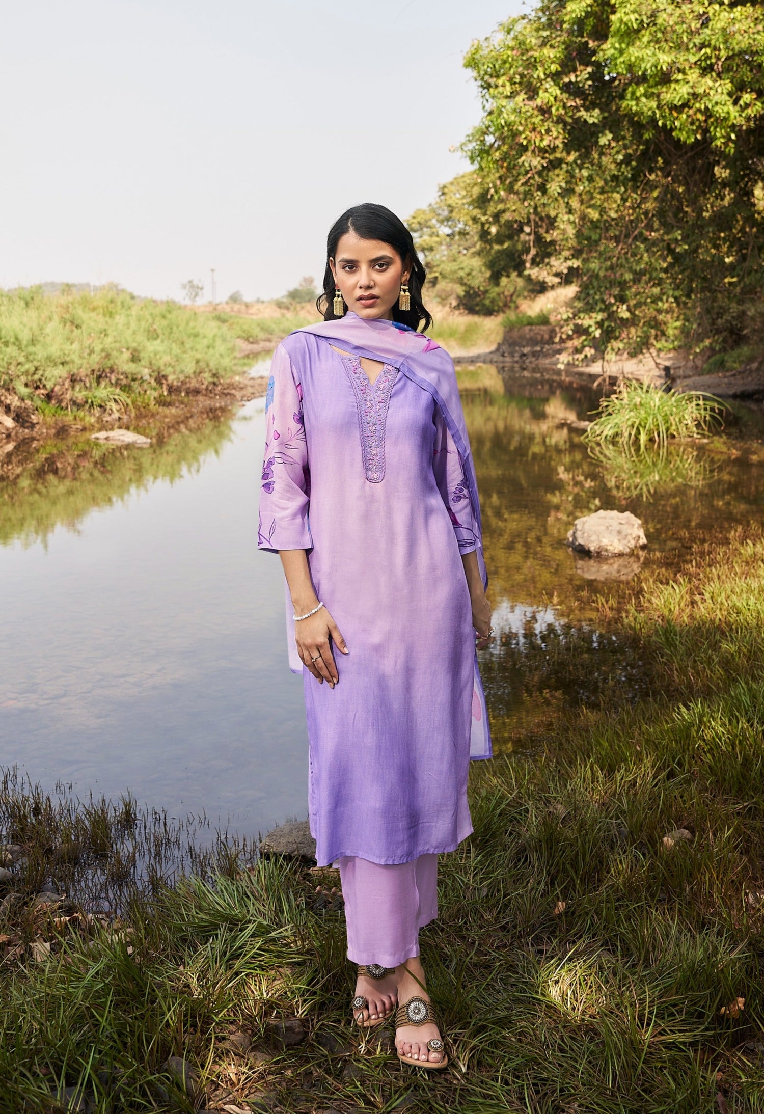 Violet Petal Muslin Silk Printed Kurta set with Embroidery