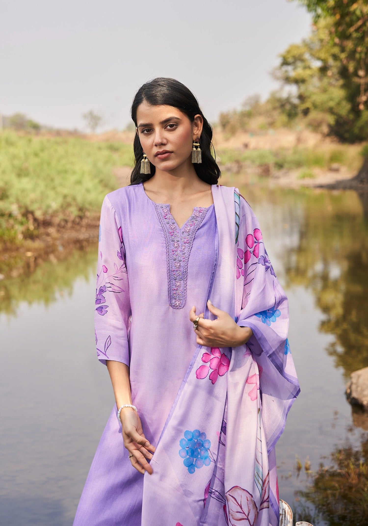 Violet Petal Muslin Silk Printed Kurta set with Embroidery