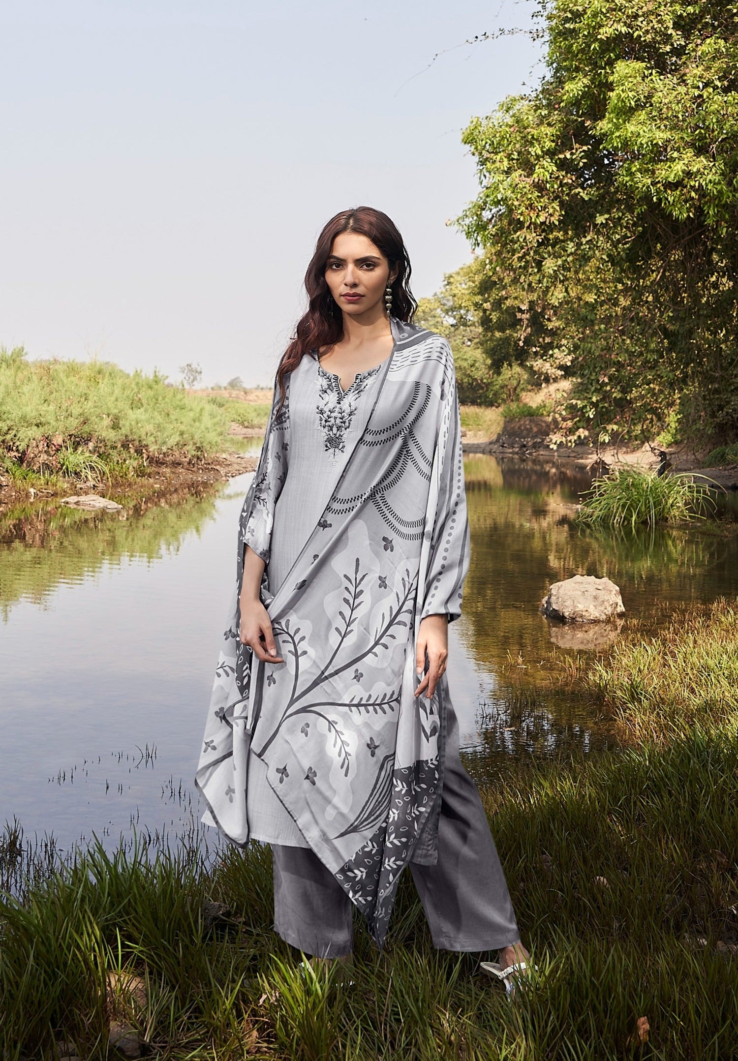 Slate Bloom Muslin Silk Printed Kurta set with Embroidery