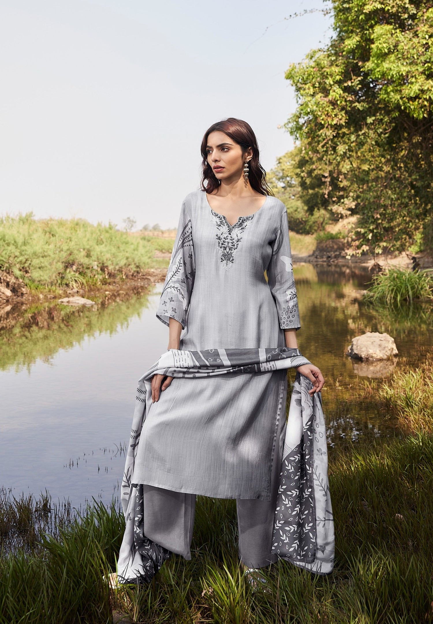 Slate Bloom Muslin Silk Printed Kurta set with Embroidery