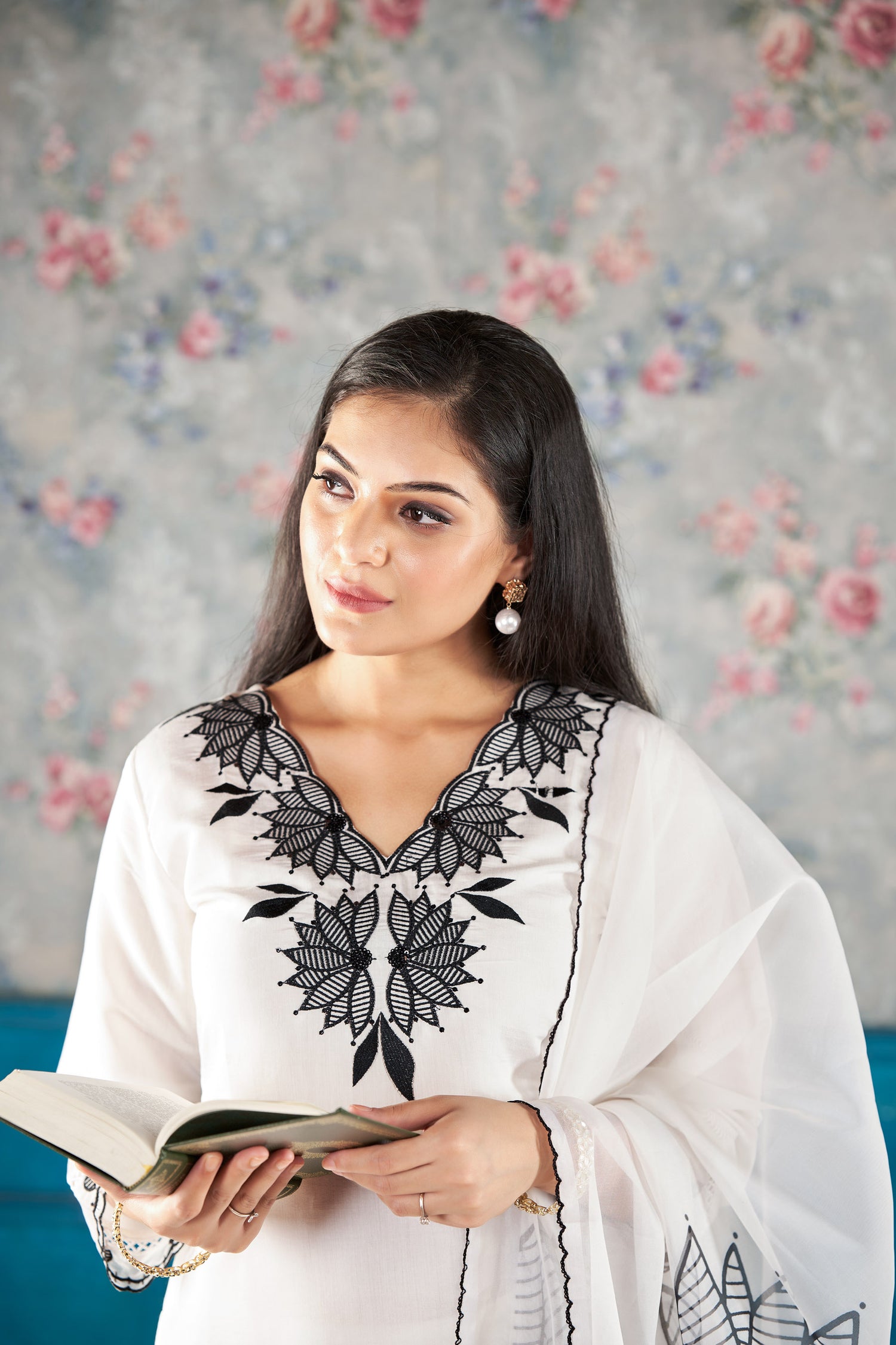 Moonlit White Romon Silk Kurta set with delicate embroidery