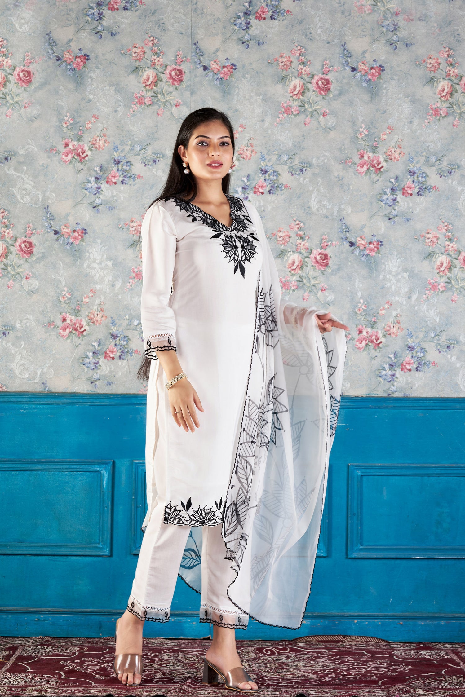 Moonlit White Romon Silk Kurta set with delicate embroidery