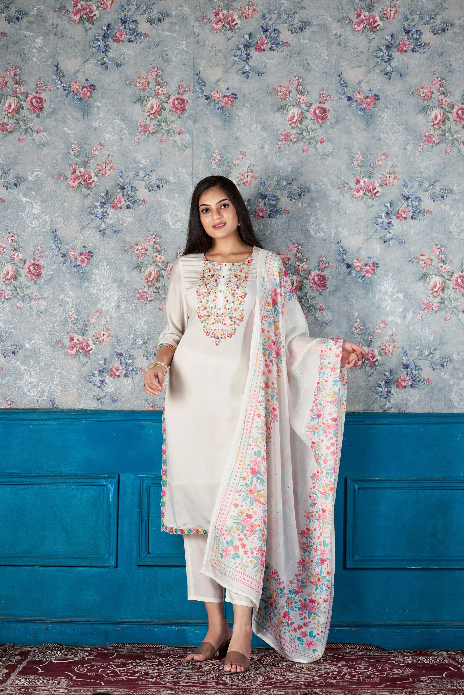 Pearl Glow Romon Silk Kurta set with delicate embroidery