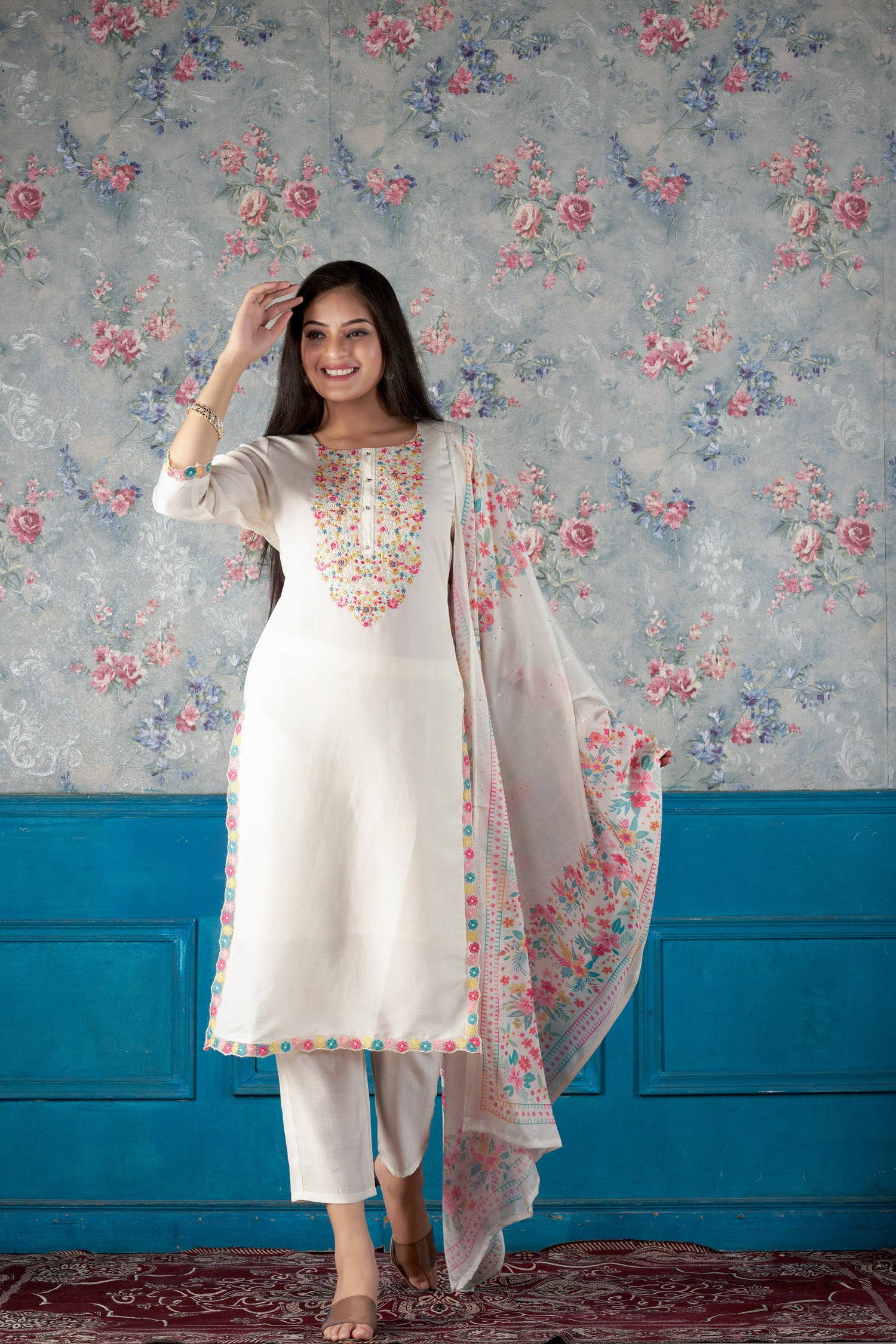 Pearl Glow Romon Silk Kurta set with delicate embroidery