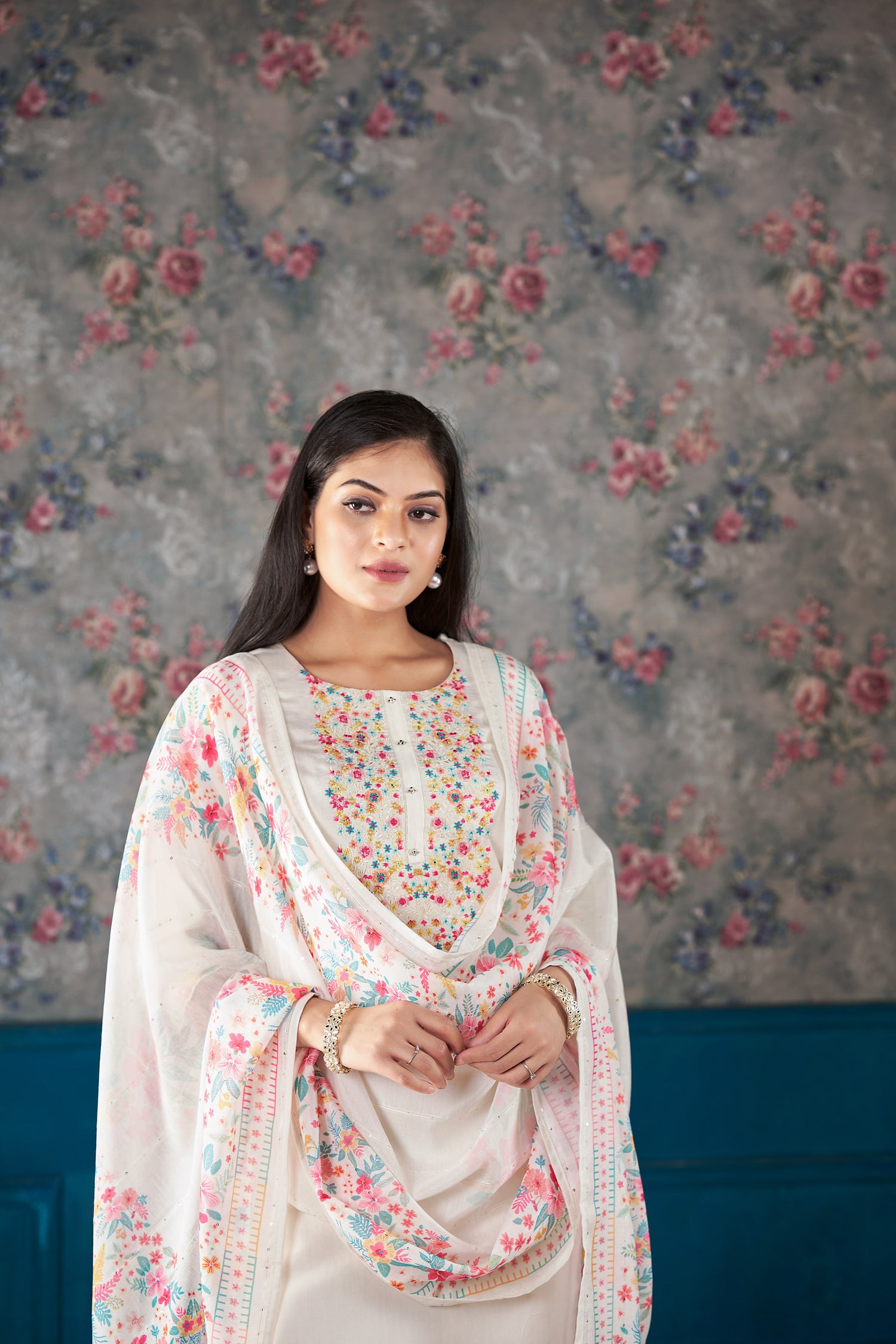 Pearl Glow Romon Silk Kurta set with delicate embroidery