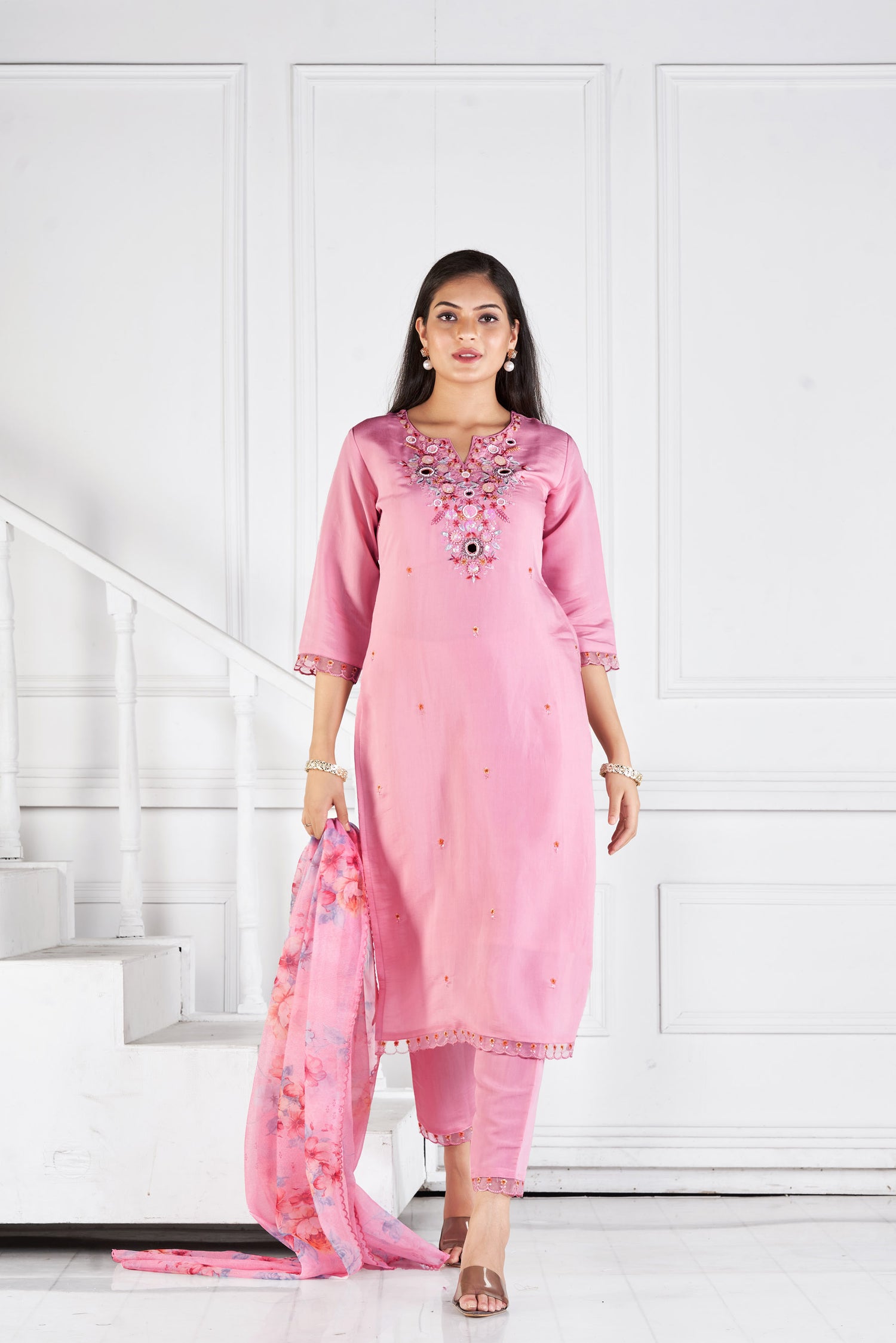 Pink Petal Romon Silk Kurta set with delicate embroidery