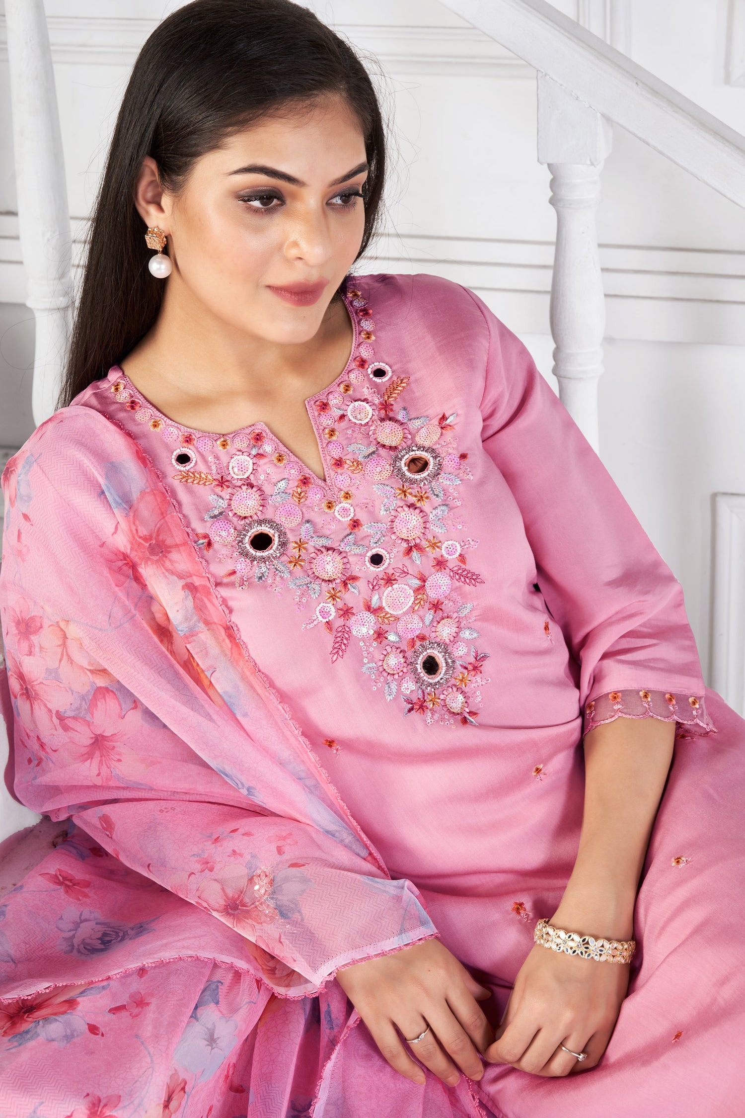 Pink Petal Romon Silk Kurta set with delicate embroidery