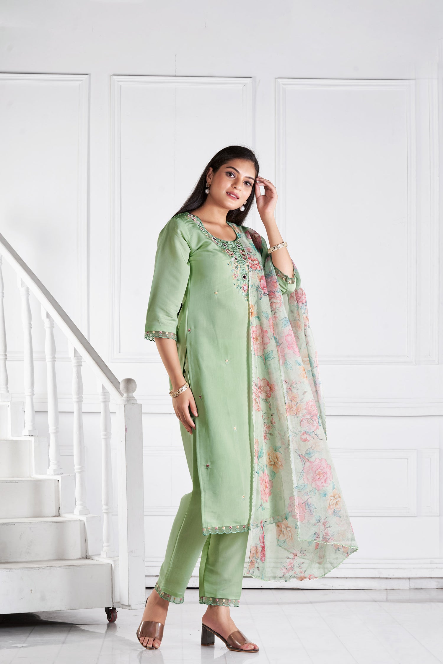 Pista Dream  Romon Silk Kurta set with delicate embroidery