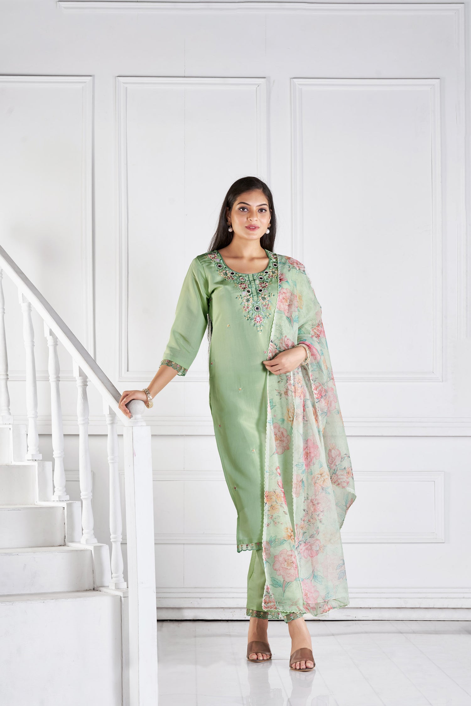 Pista Dream  Romon Silk Kurta set with delicate embroidery