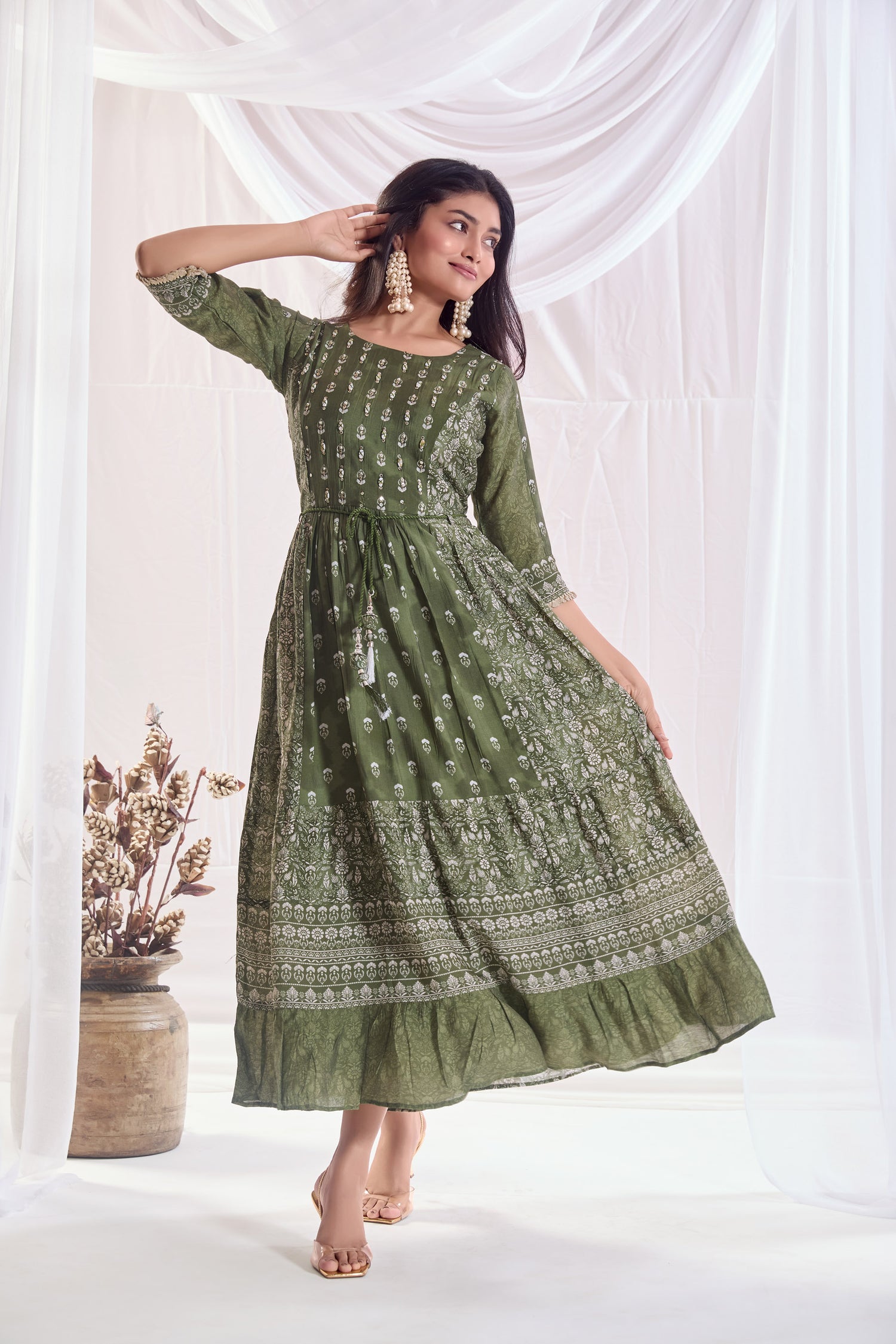 Misty Green Muslin Silk Long Dress