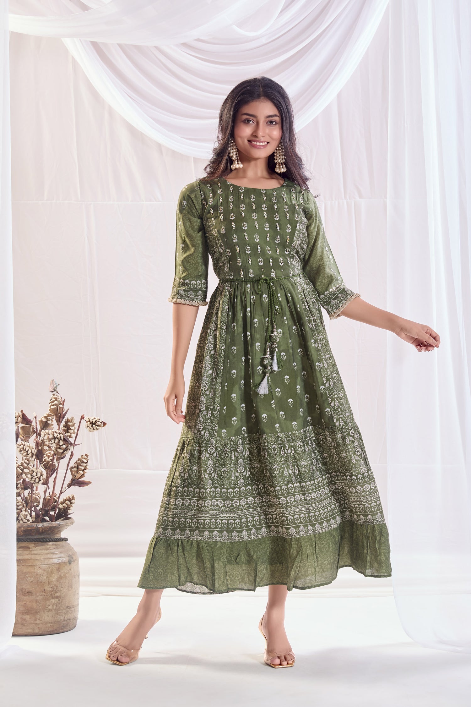 Misty Green Muslin Silk Long Dress