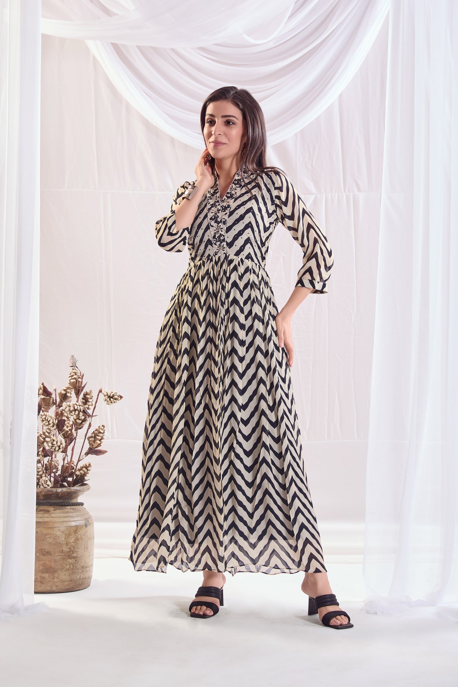 Sleek Black & White Muslin Silk Long Dress