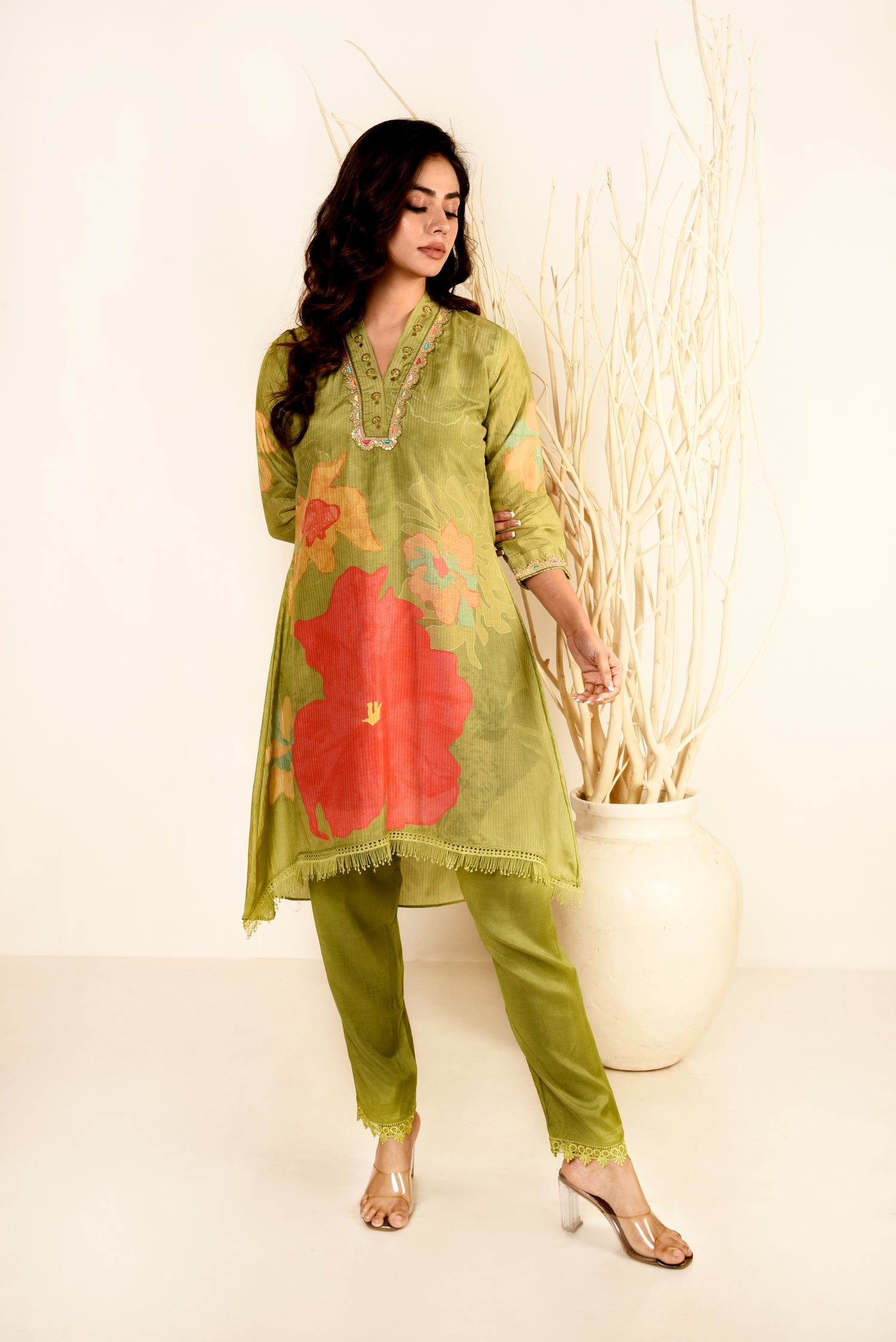 Green Bloom Muslin Silk Printed Co-ord set with Embroidery & Lace