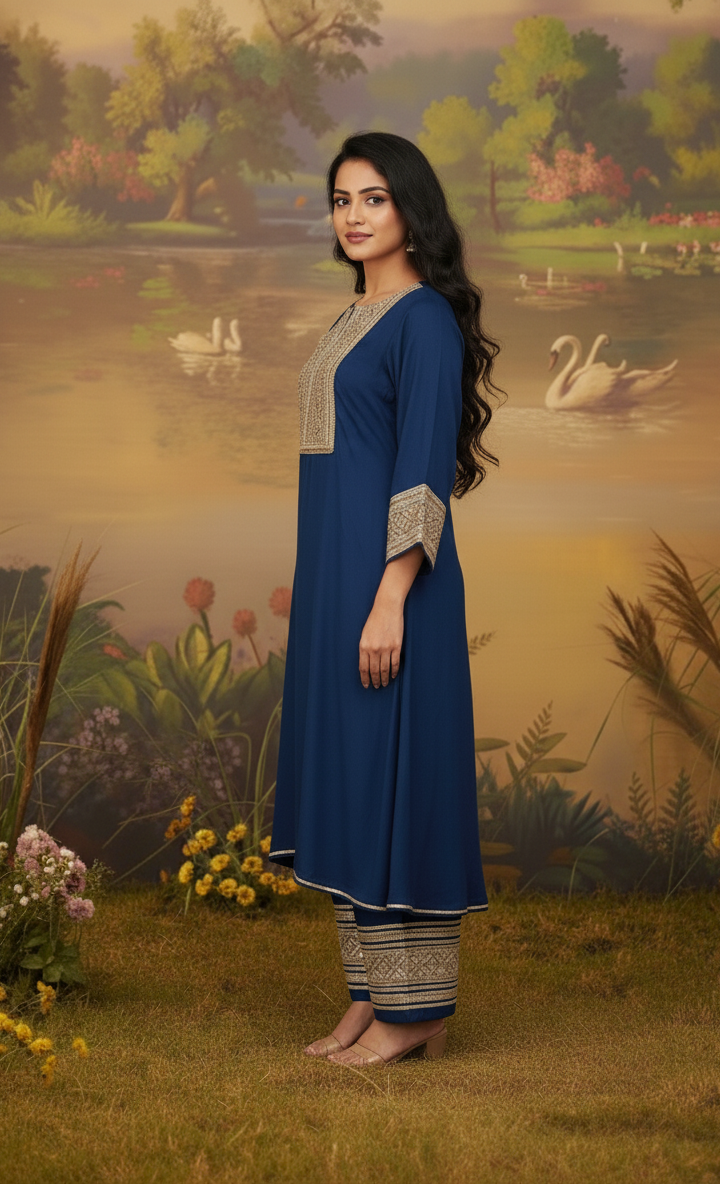 MIDNIGHT NAVY BLUE GAZI SILK SUIT SET