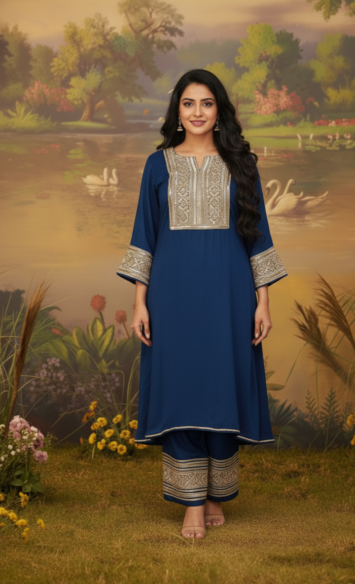 MIDNIGHT NAVY BLUE GAZI SILK SUIT SET
