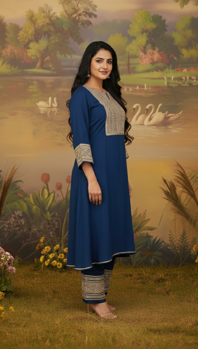 MIDNIGHT NAVY BLUE GAZI SILK SUIT SET