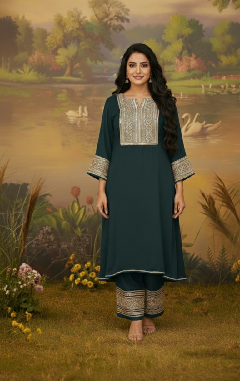 EMERALD GREEN GAZI SILK SUIT SET