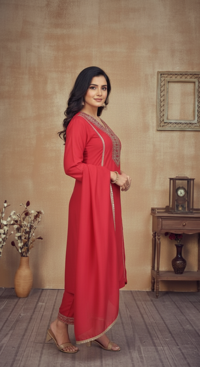 RED TUSSAR SILK SUIT SET