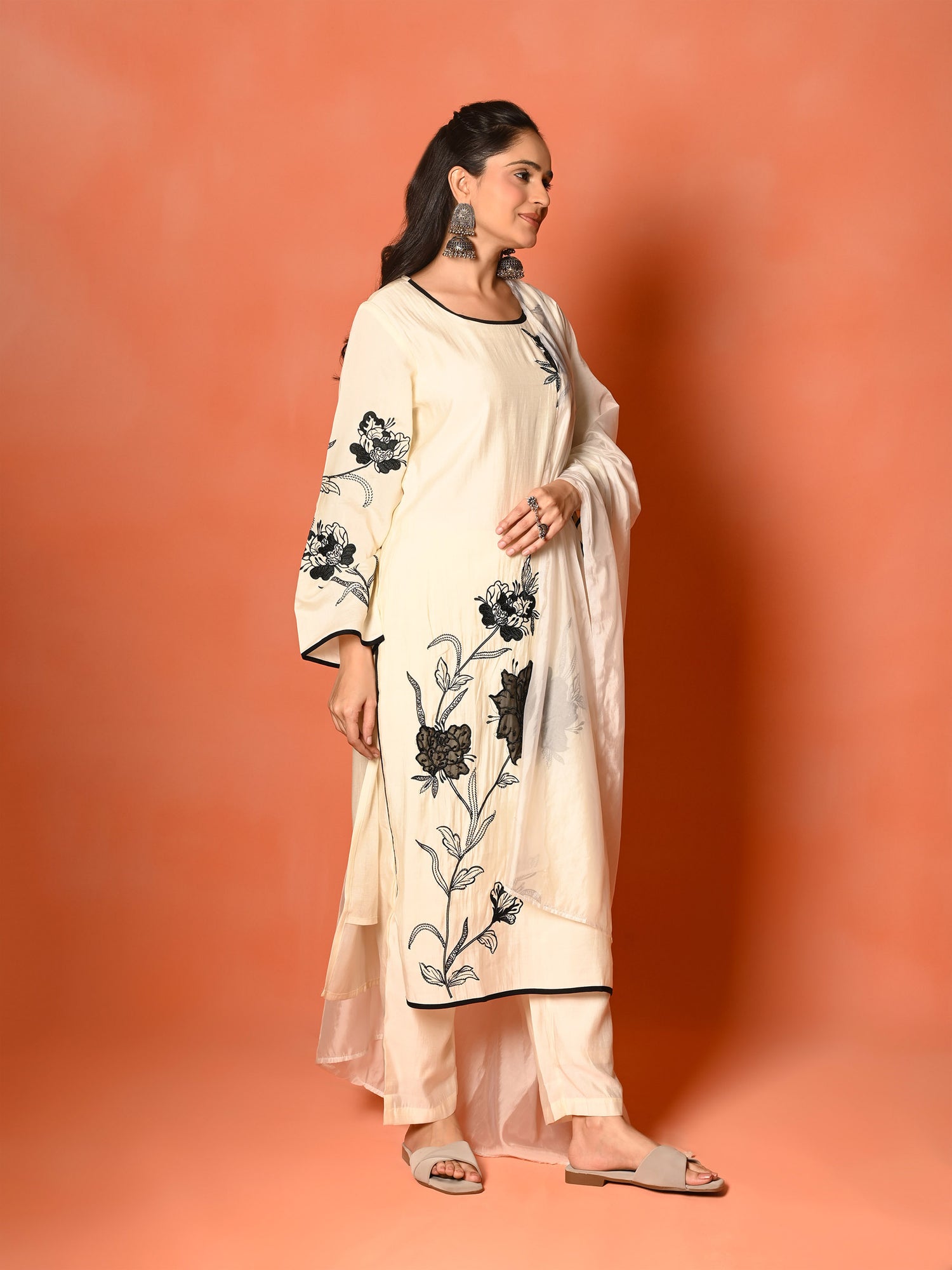 White Roman Silk Embroidered Kurta Set