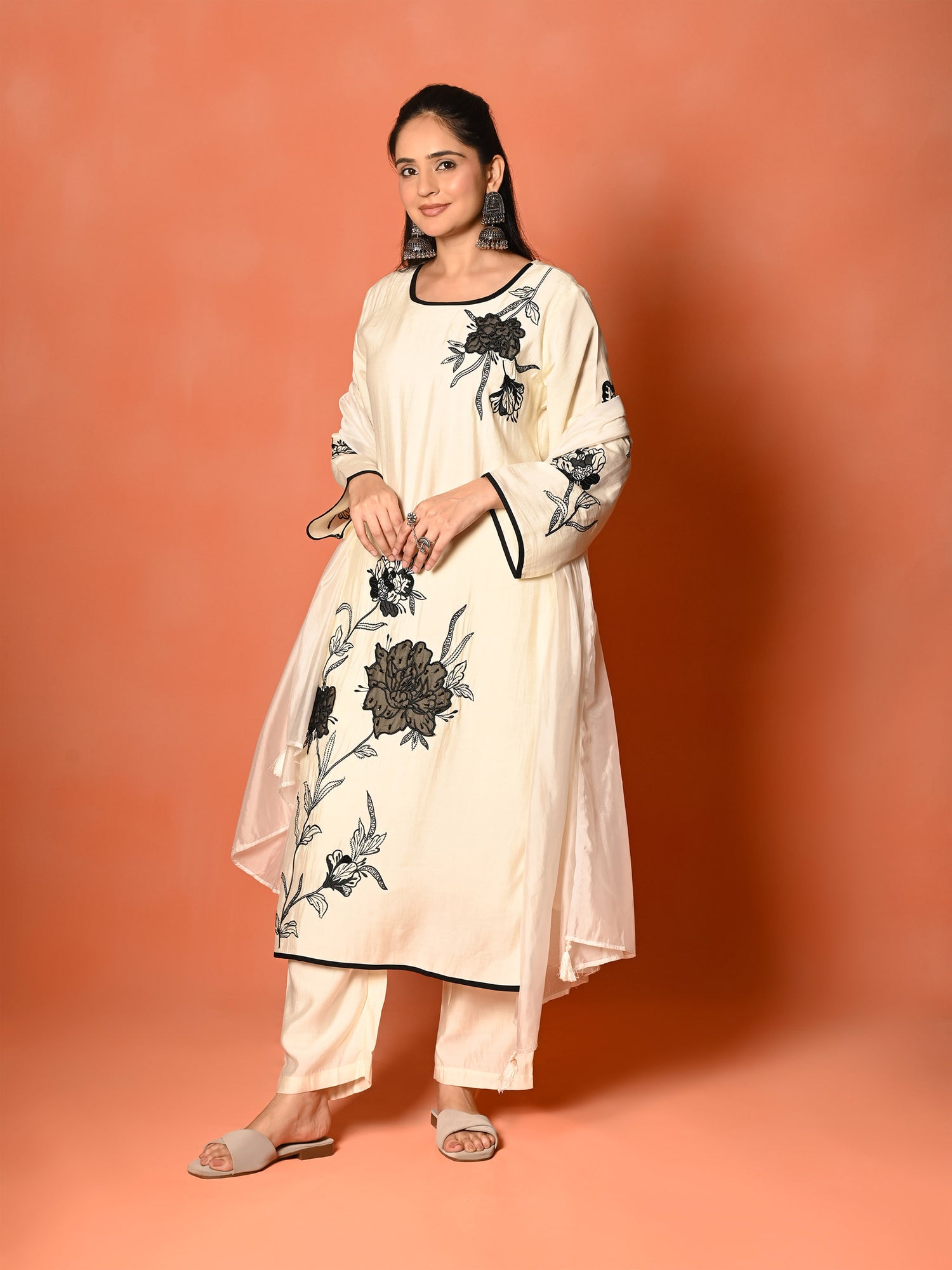 White Roman Silk Embroidered Kurta Set