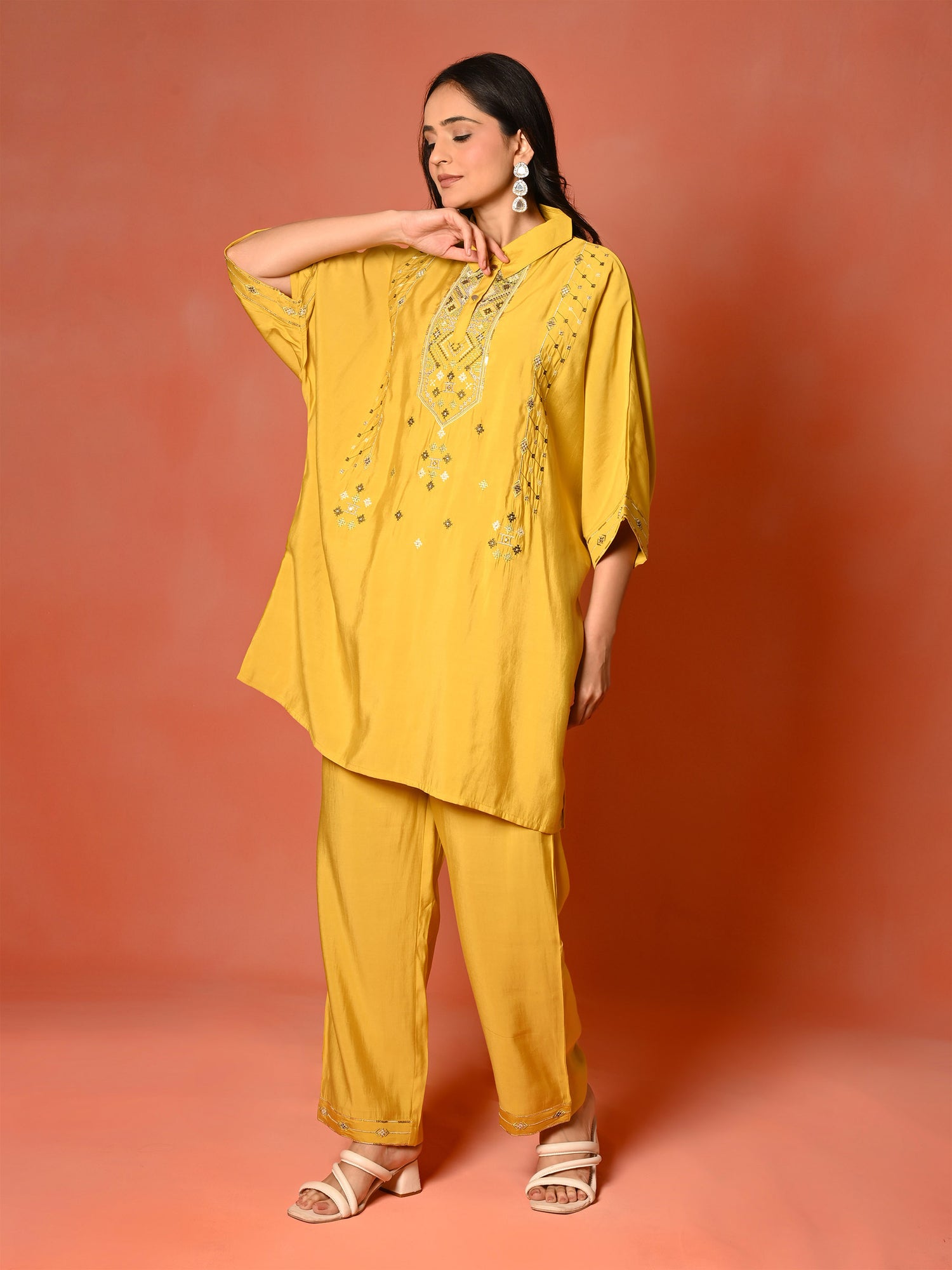 Yellow Roman Silk Kaftan Co-Ord Set