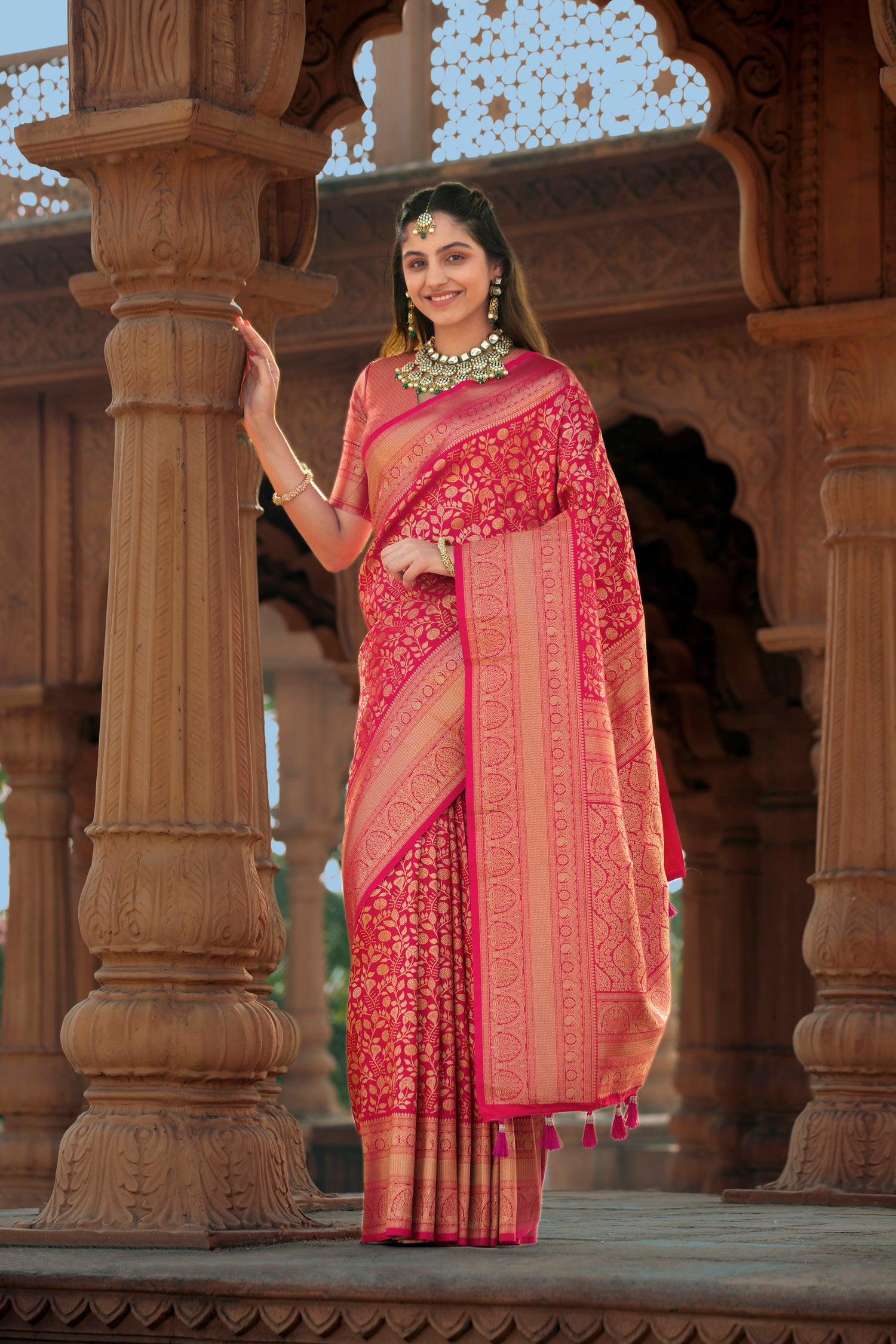 Classic Kanjeevaram-Inspired Rani Pink Silk Saree