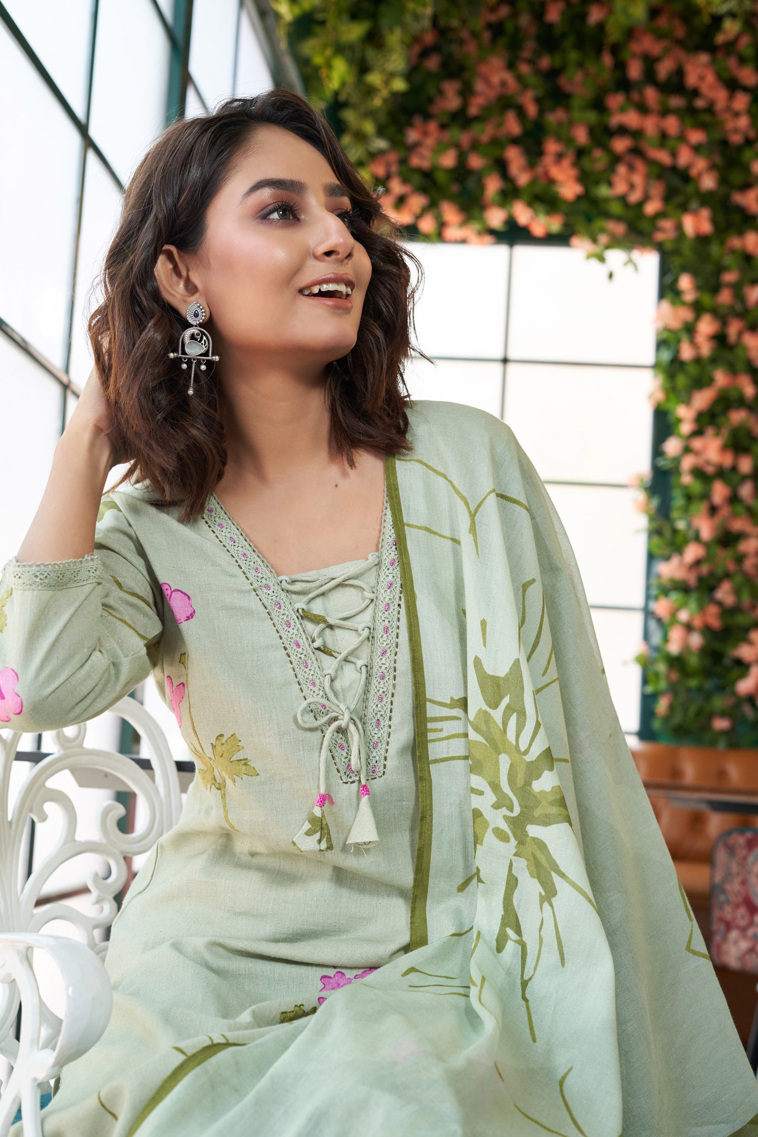 Green Cotton Printed Kurta set with Embroidery