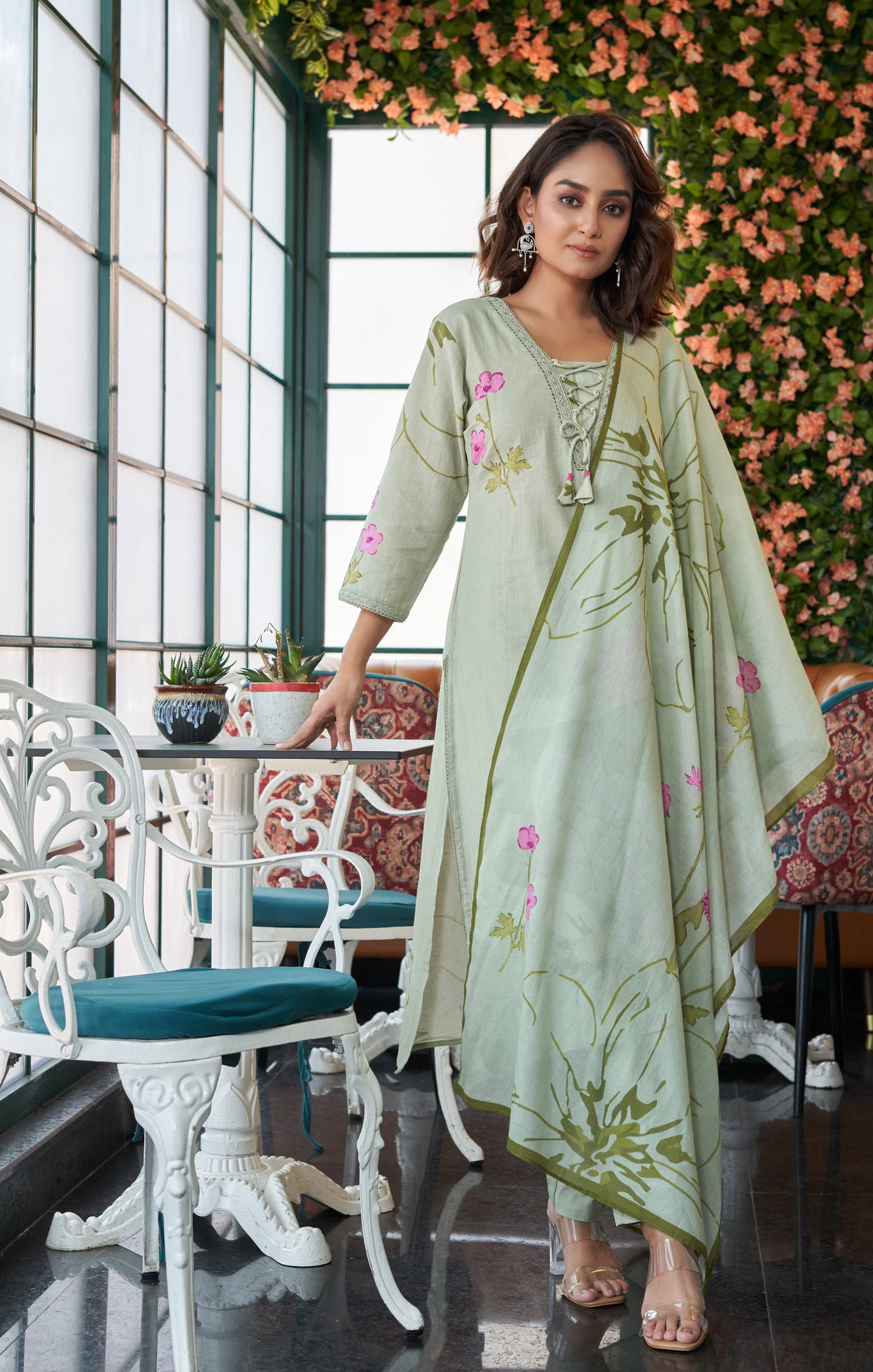 Green Cotton Printed Kurta set with Embroidery