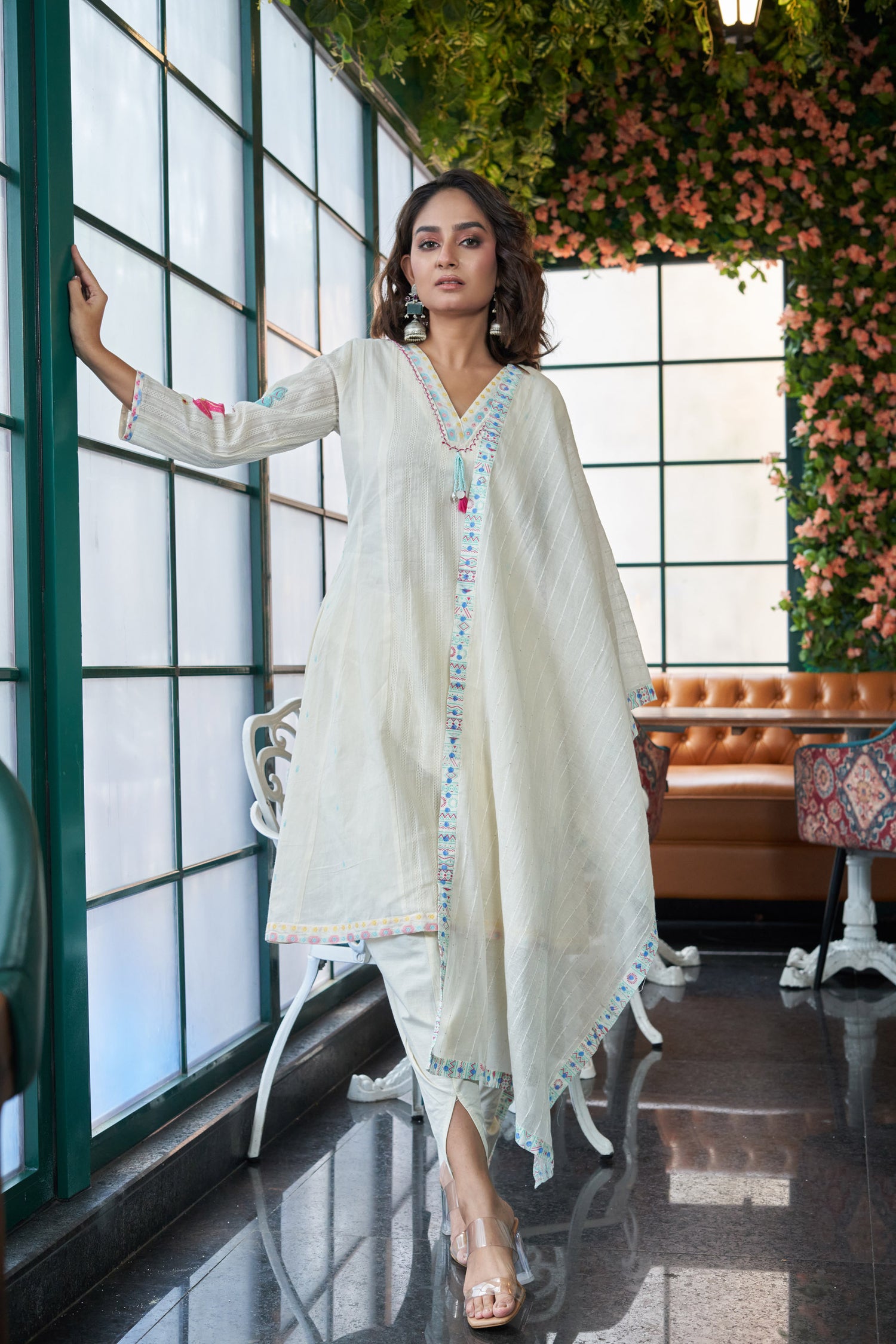 Shudh Shine Cotton Self jacquard Kurta set with Embroidery