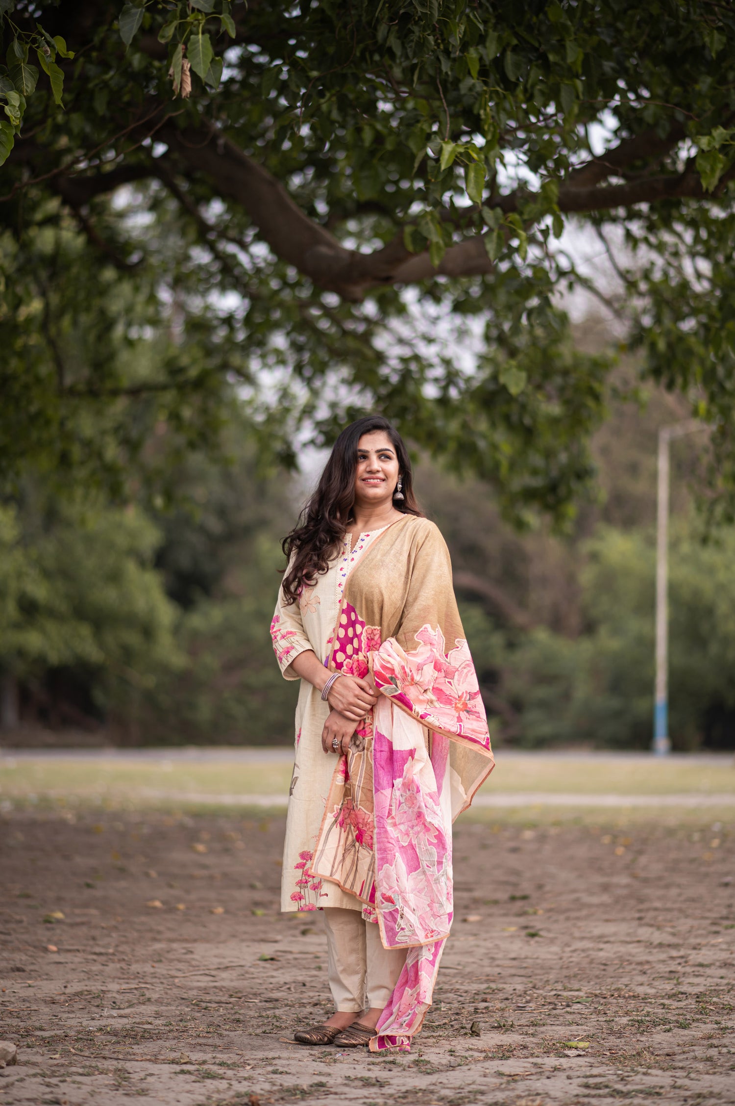 Bright Beige Cotton Printed Kurta set with Embroidery