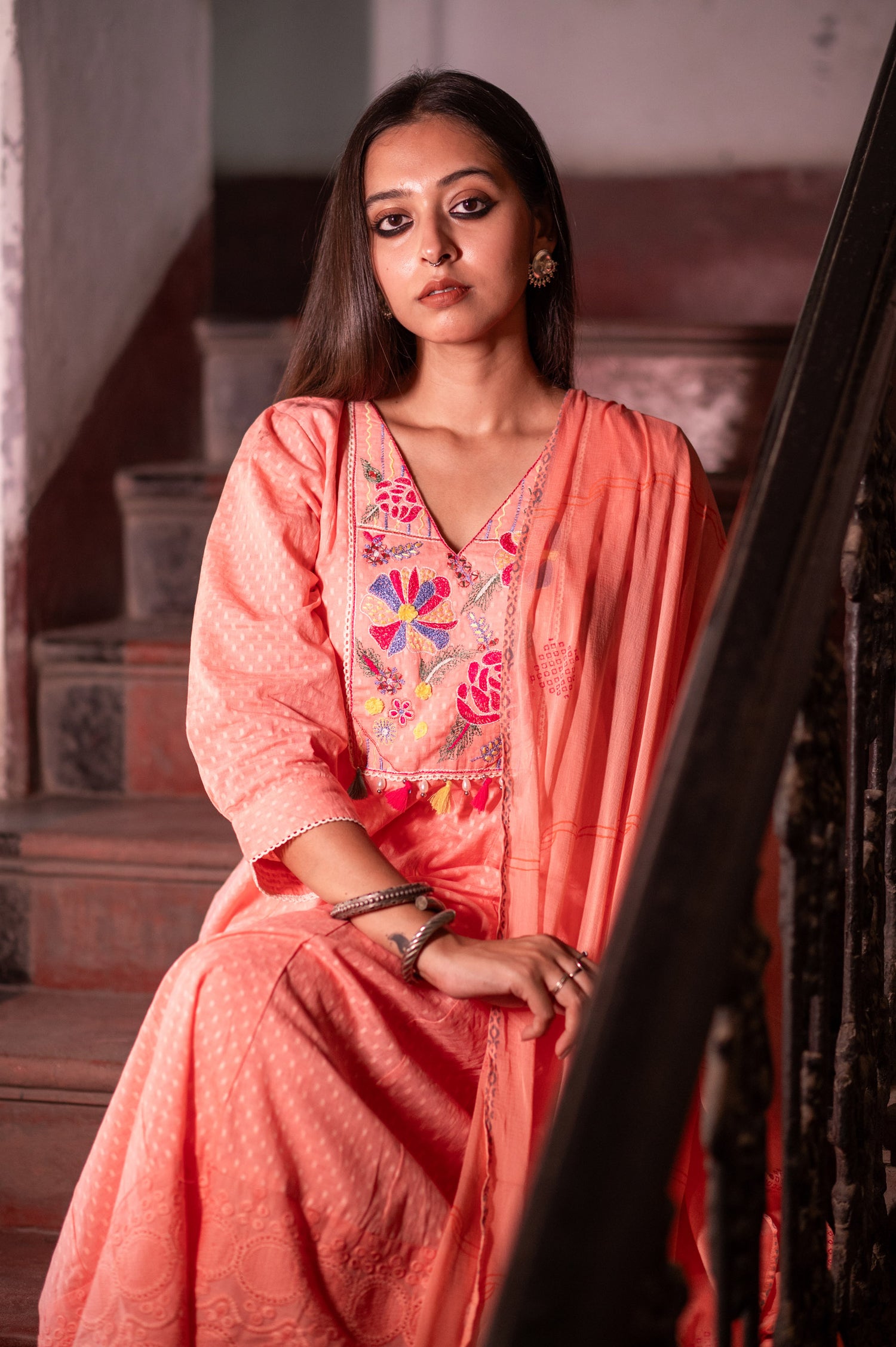 Graceful Peach Cotton Kurta set with Embroidery