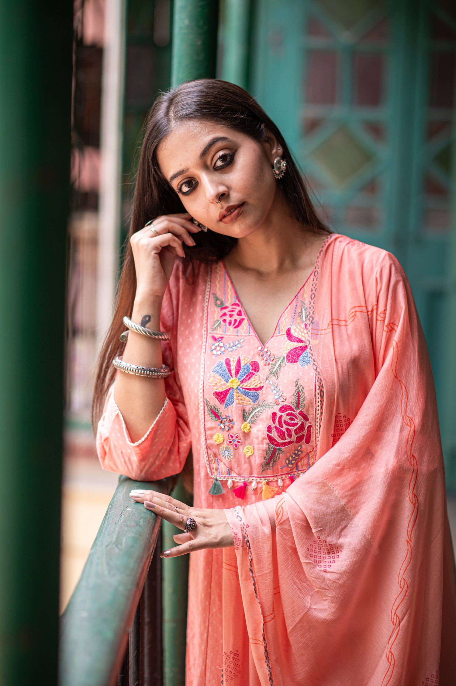 Graceful Peach Cotton Kurta set with Embroidery