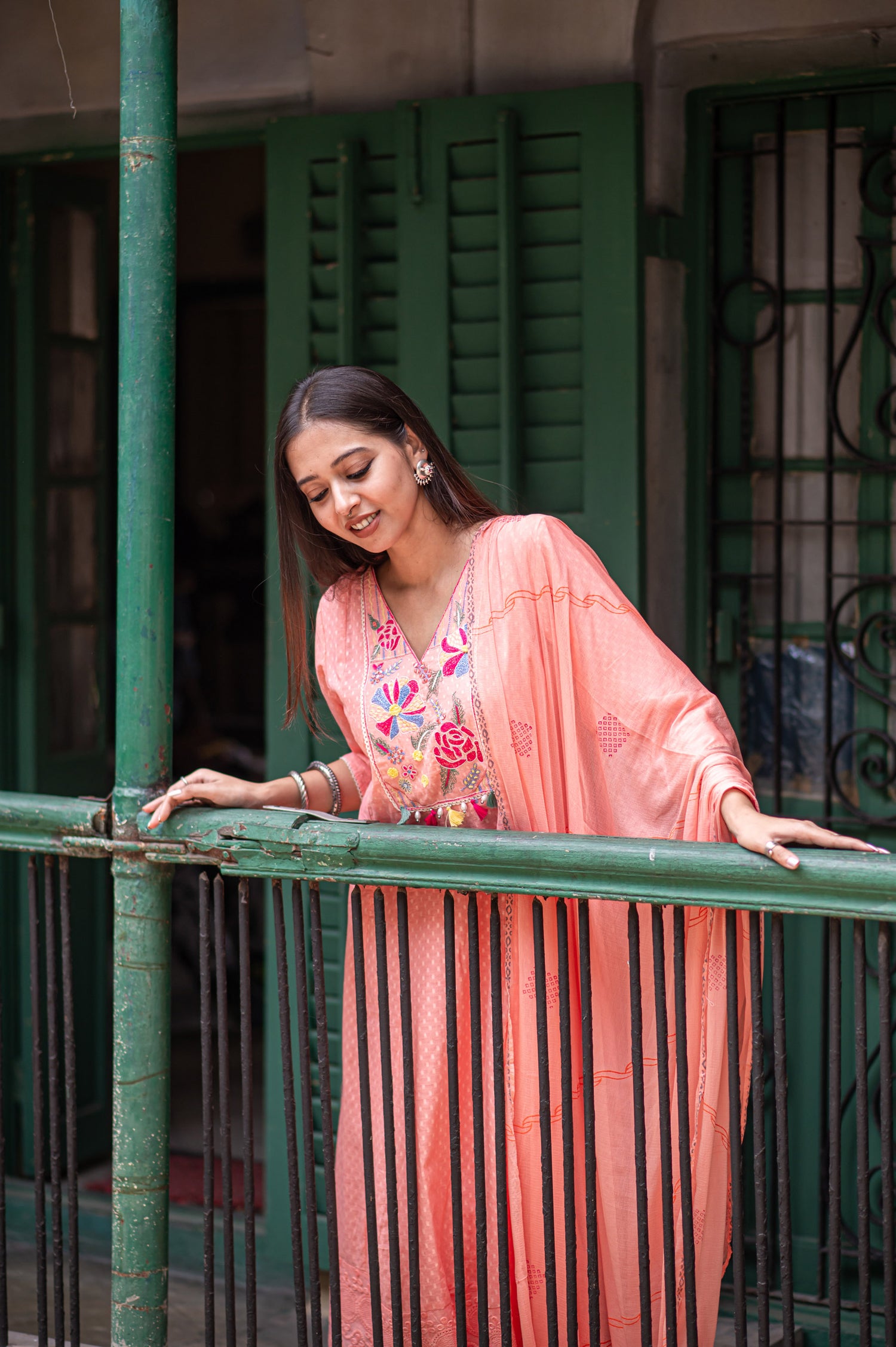 Graceful Peach Cotton Kurta set with Embroidery