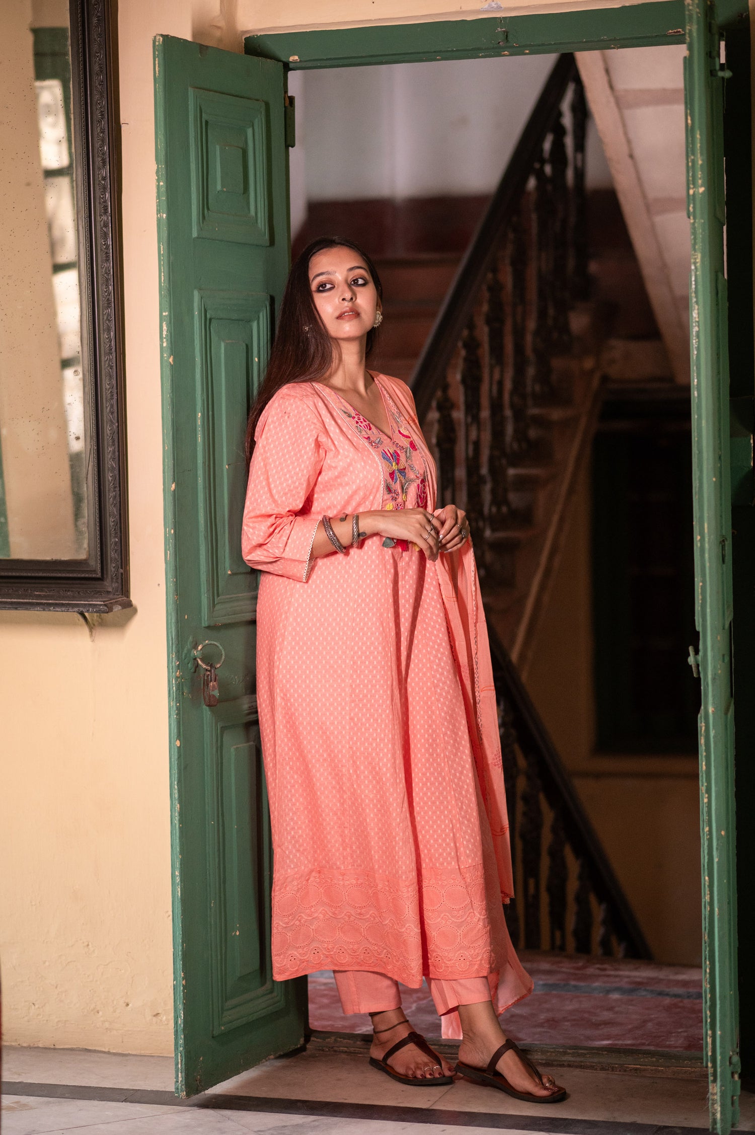 Graceful Peach Cotton Kurta set with Embroidery