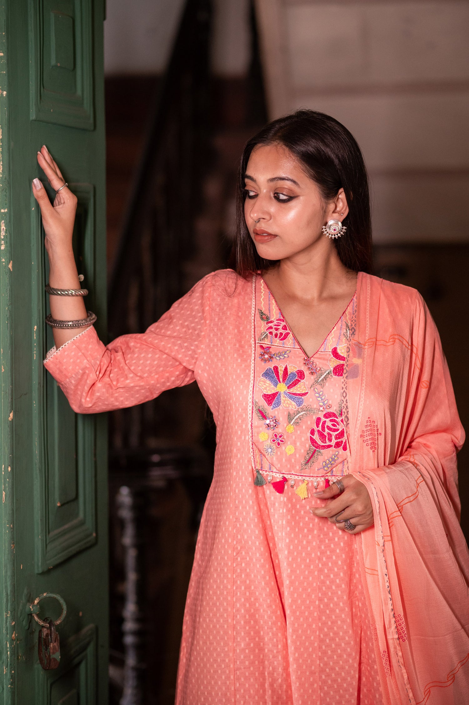 Graceful Peach Cotton Kurta set with Embroidery