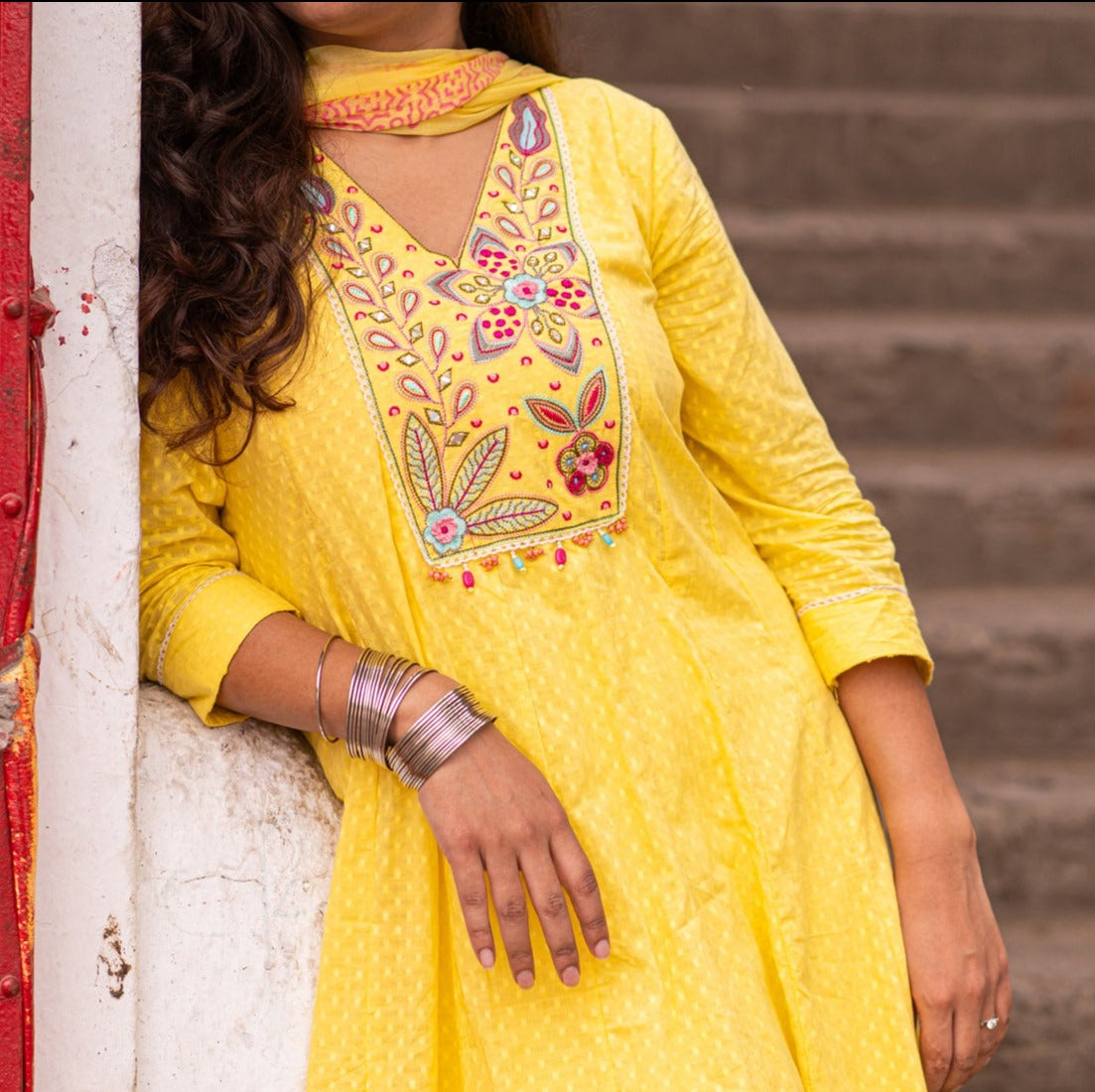 Sunlit Yellow Cotton Printed Kurta set with Embroidery