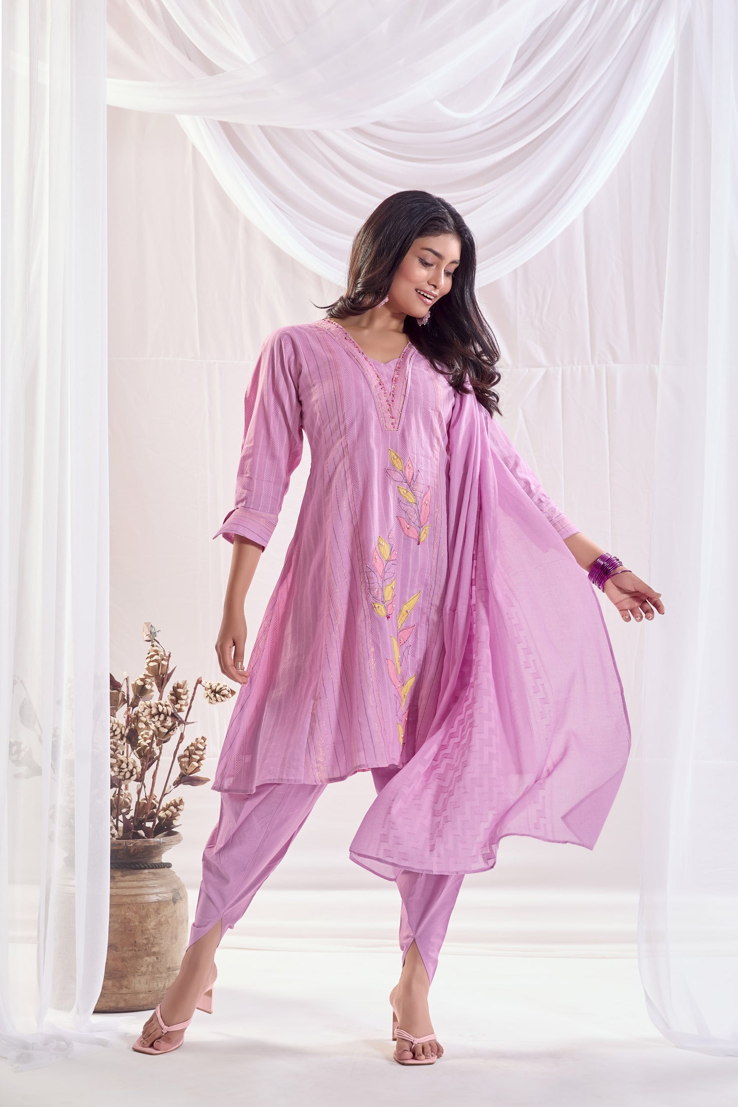 Purple Cotton Self jacquard Kurta set with Embroidery