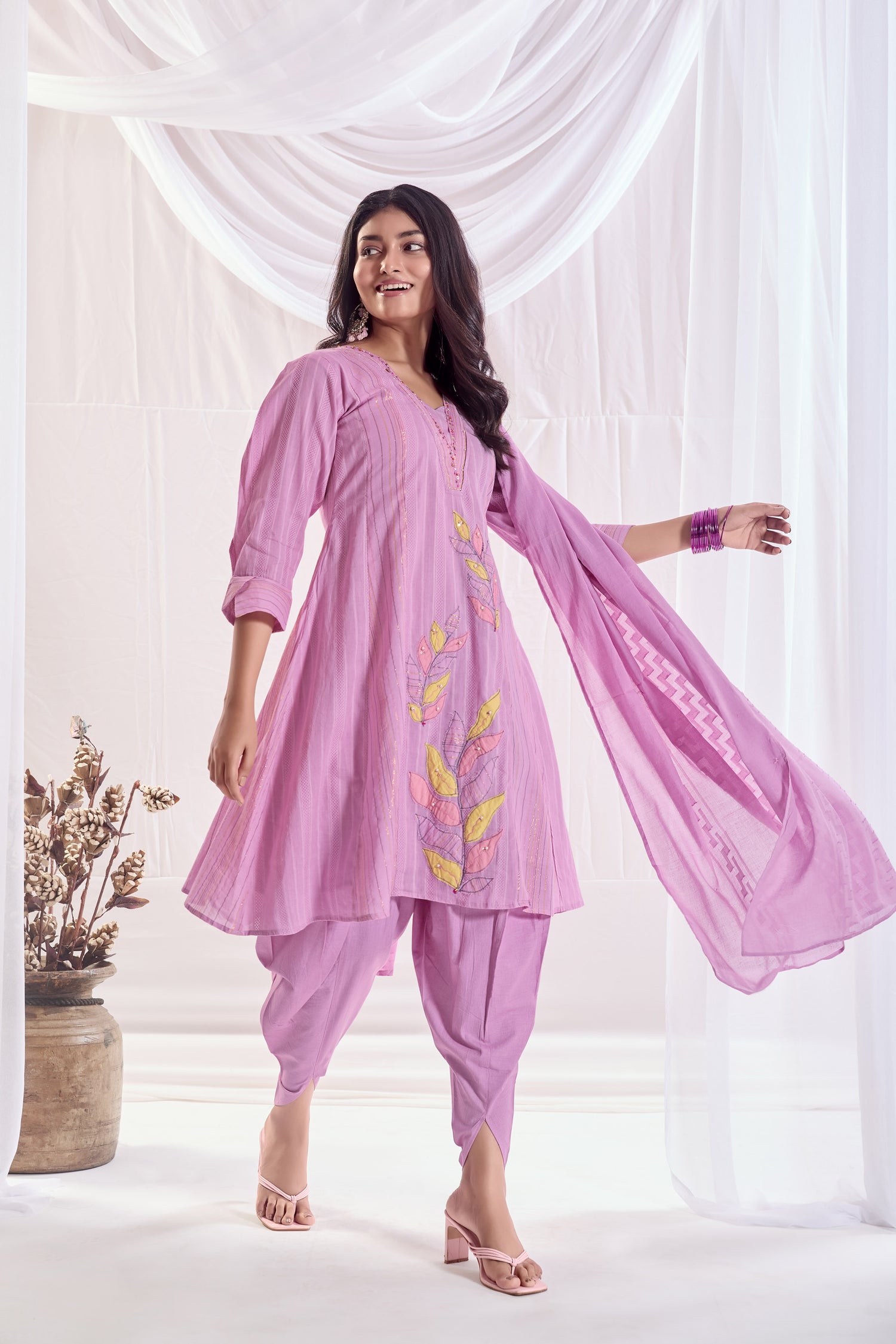 Purple Cotton Self jacquard Kurta set with Embroidery