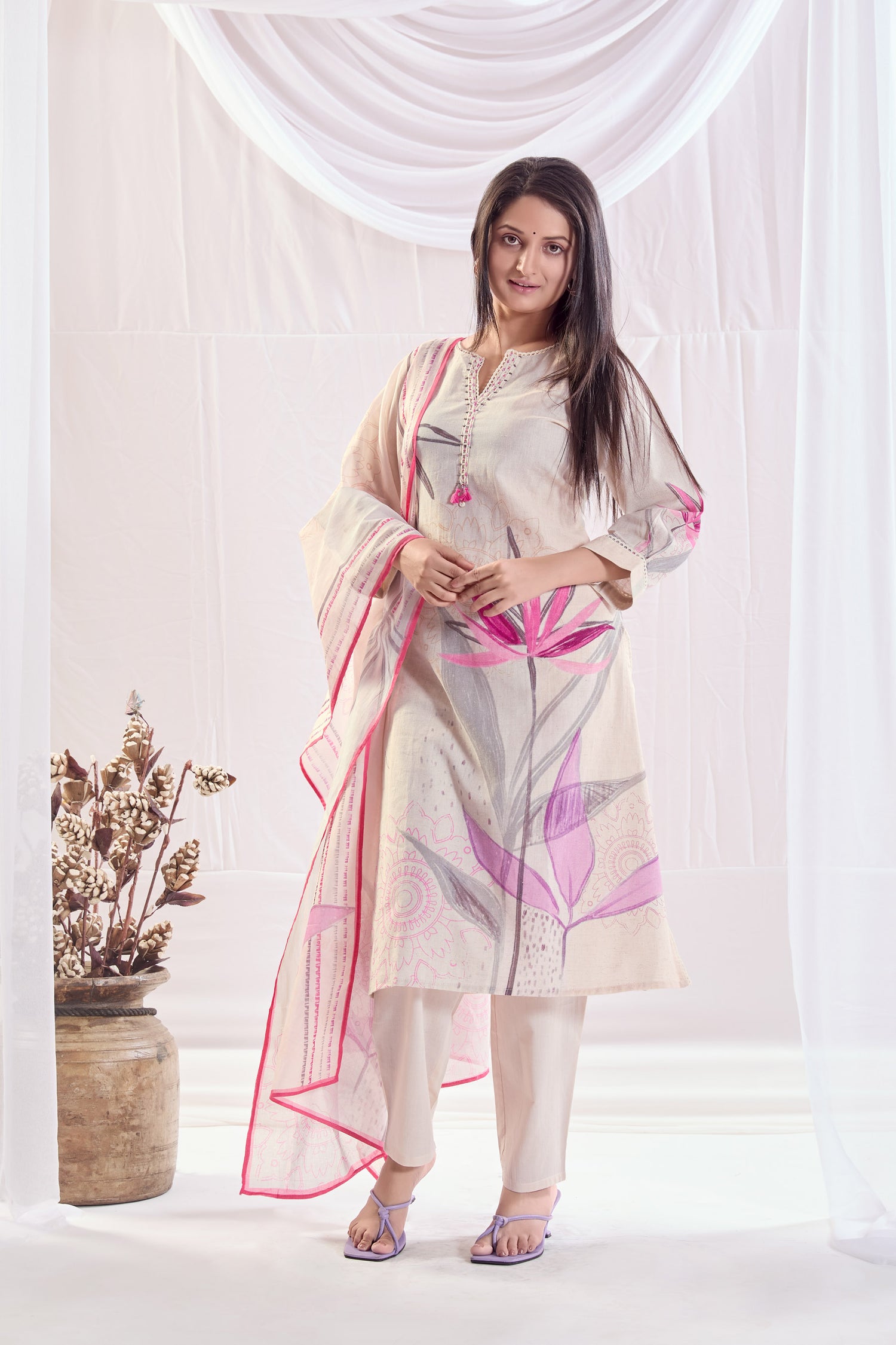 Glacial Off White Cotton Printed Kurta set with Embroidery