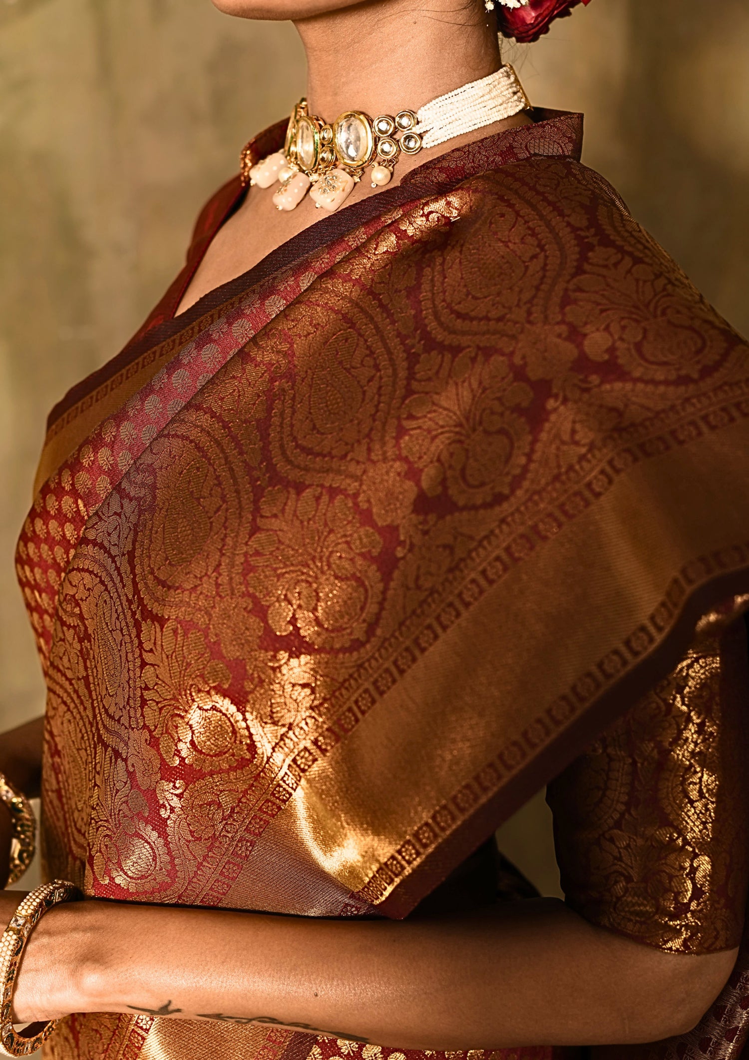 Gulnaar Maroon Zari Butti Saree