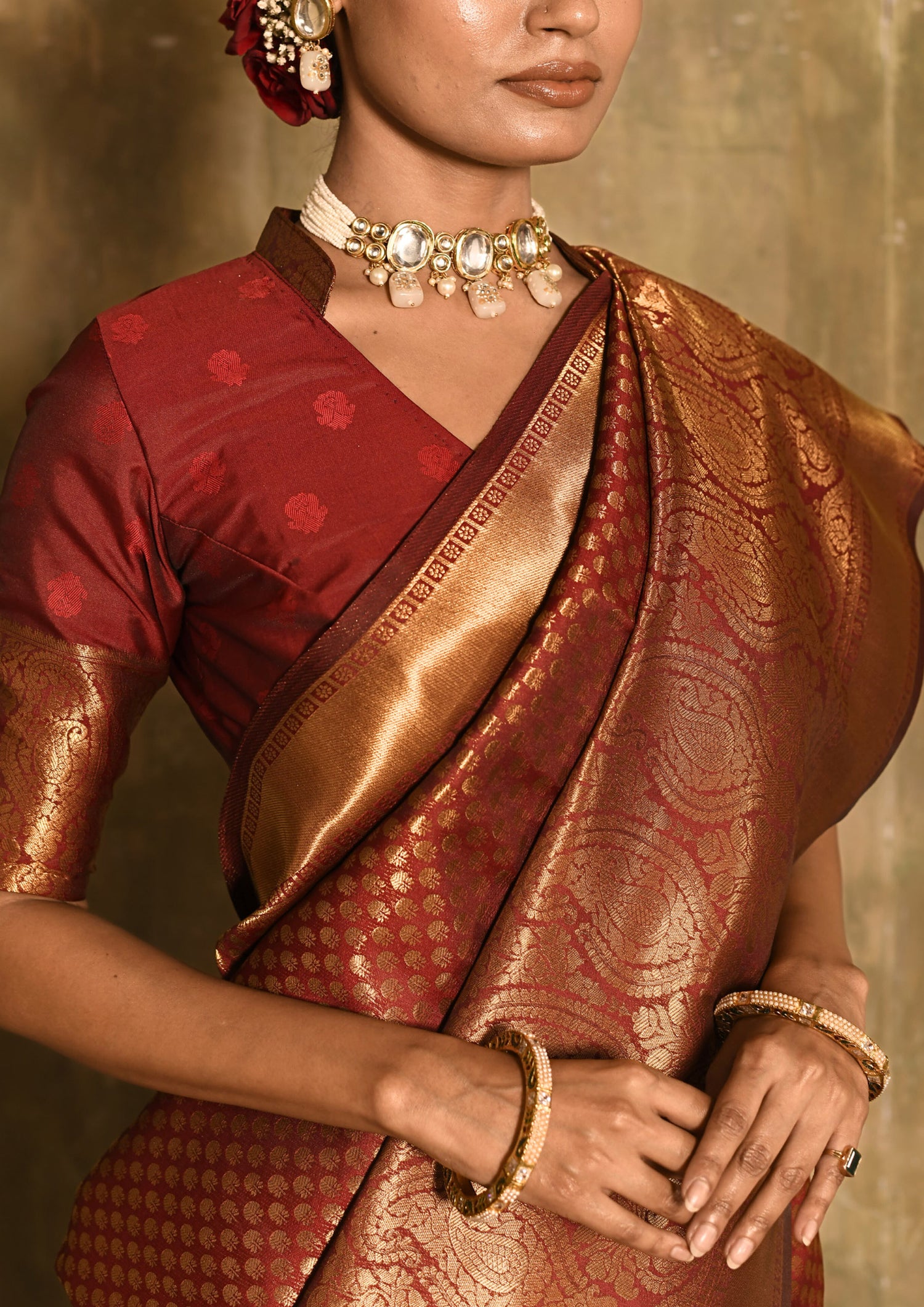 Gulnaar Maroon Zari Butti Saree