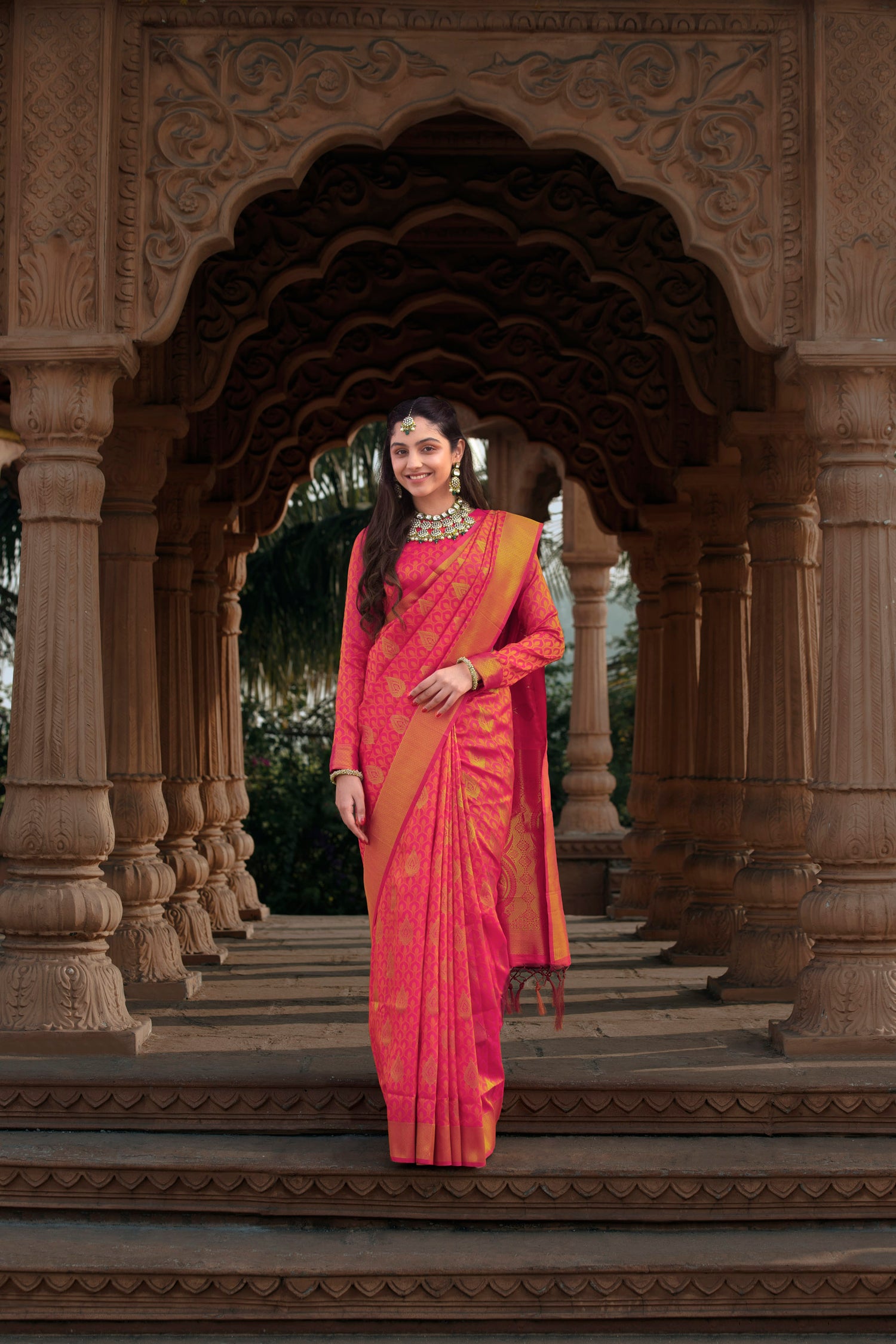 Pink Banarasi Silk Saree with Golden Pallu