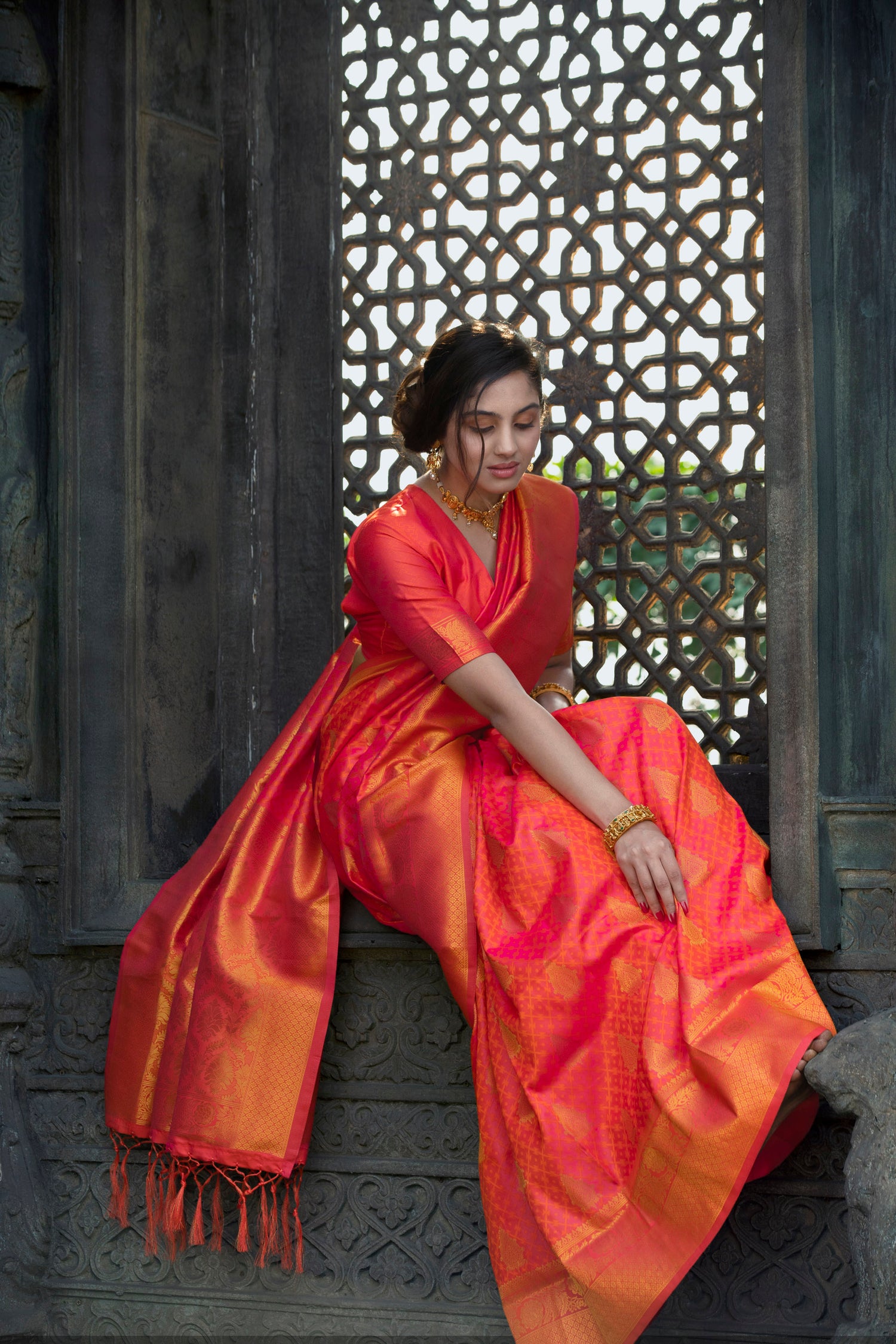 Golden Accented Pink Silk Saree