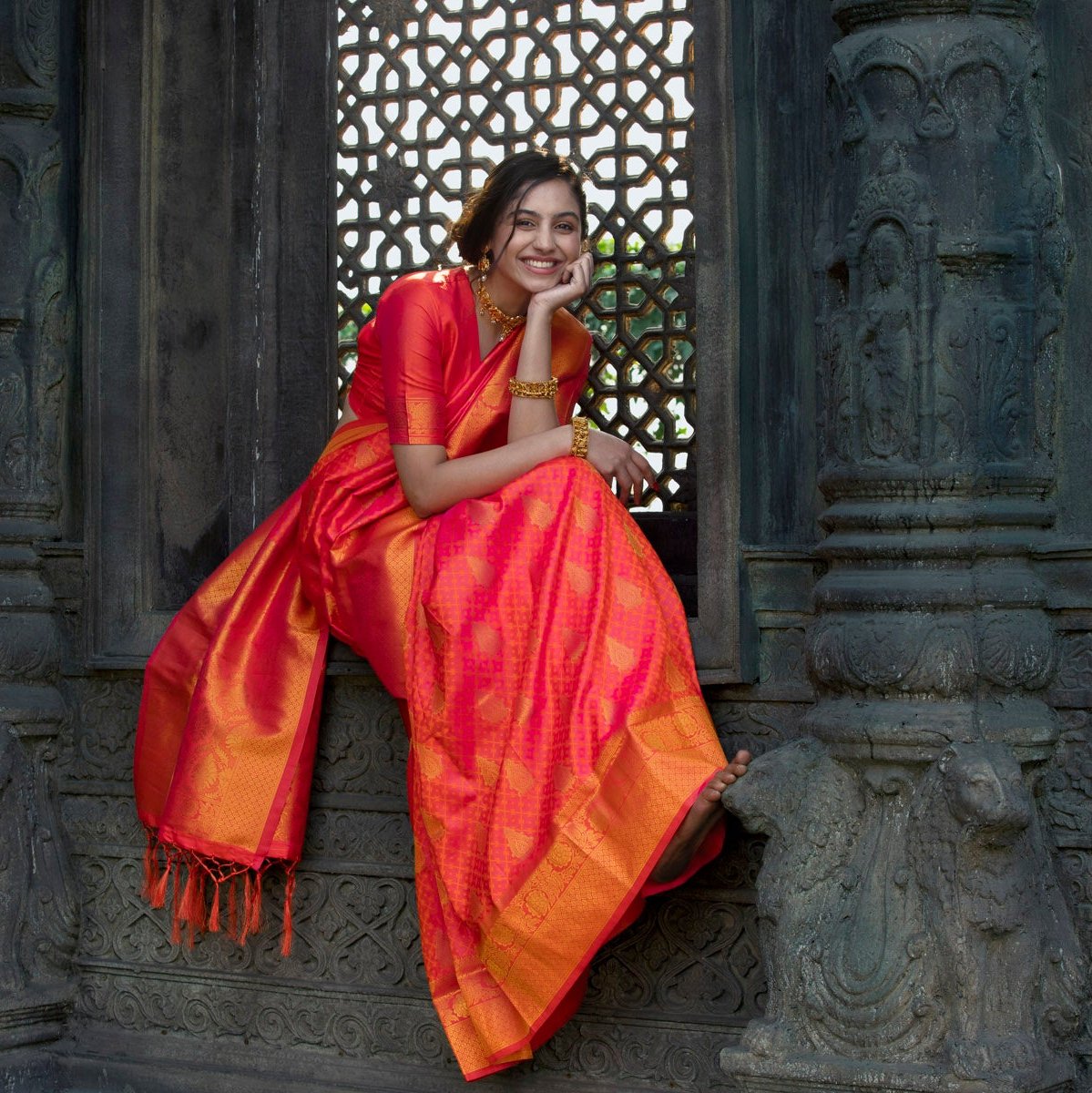 Golden Accented Pink Silk Saree