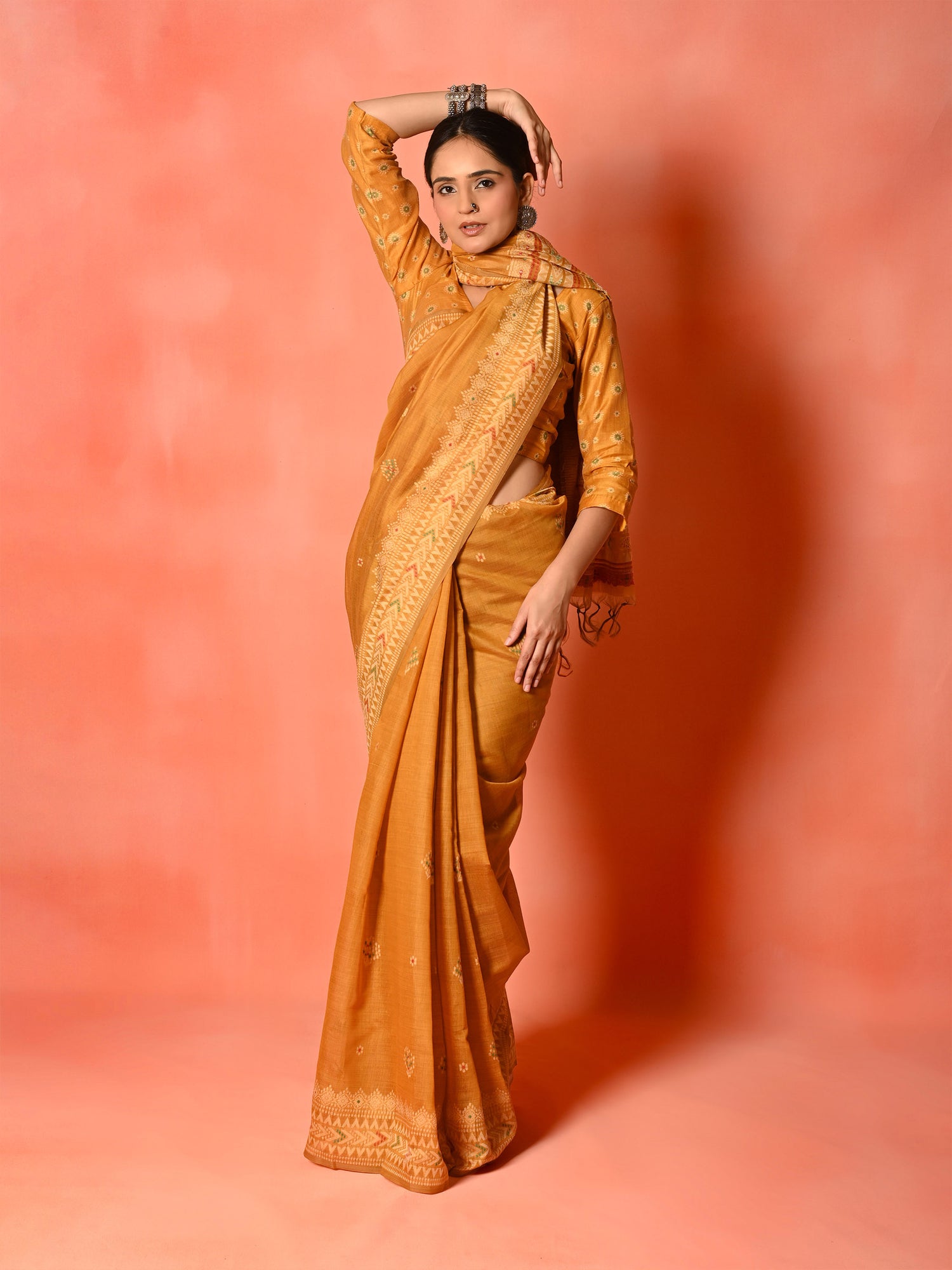 Rust Cotton Saree with Thread Weaving & Tassel Pallu