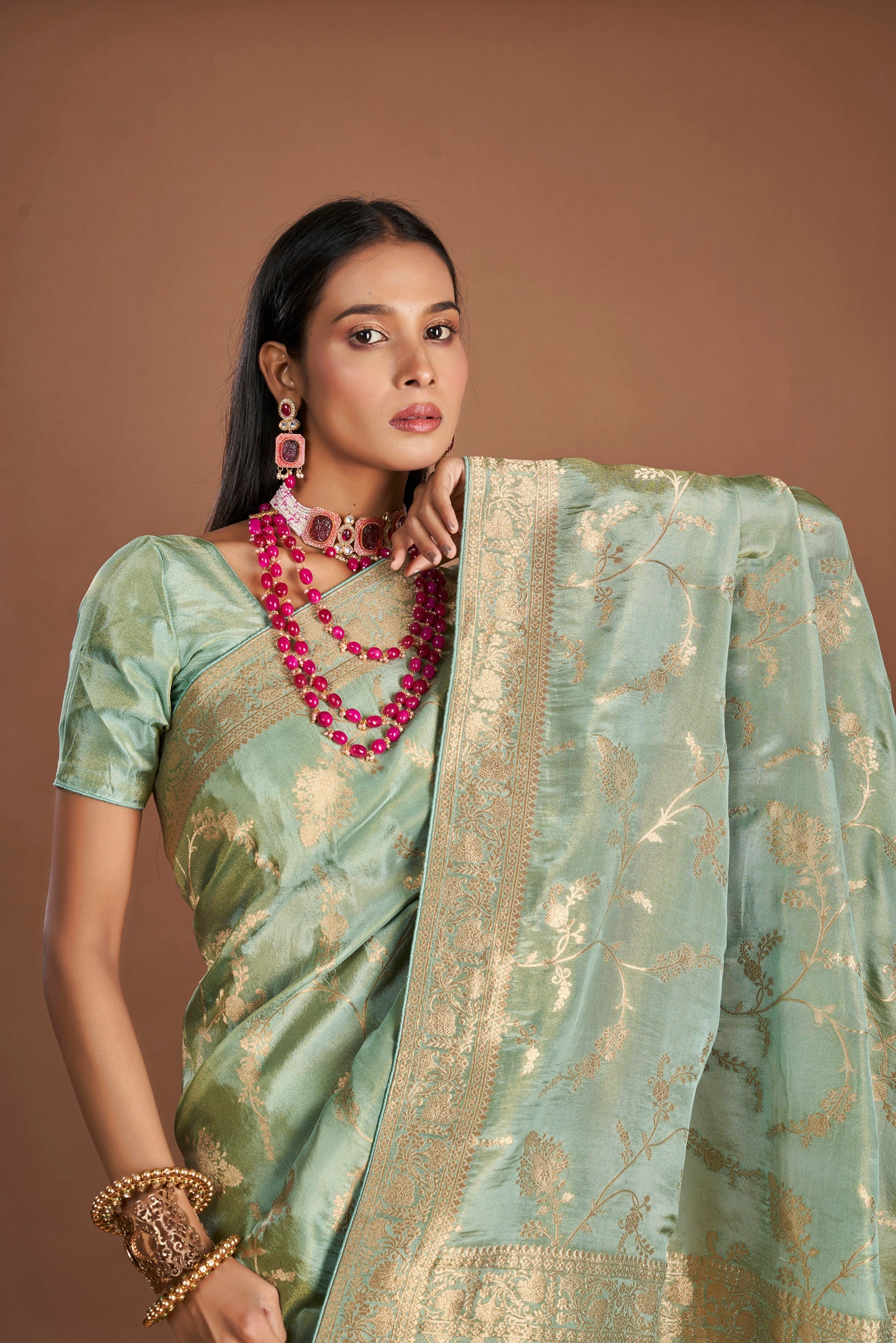 Women Green Viscose Tissue Zari Saree