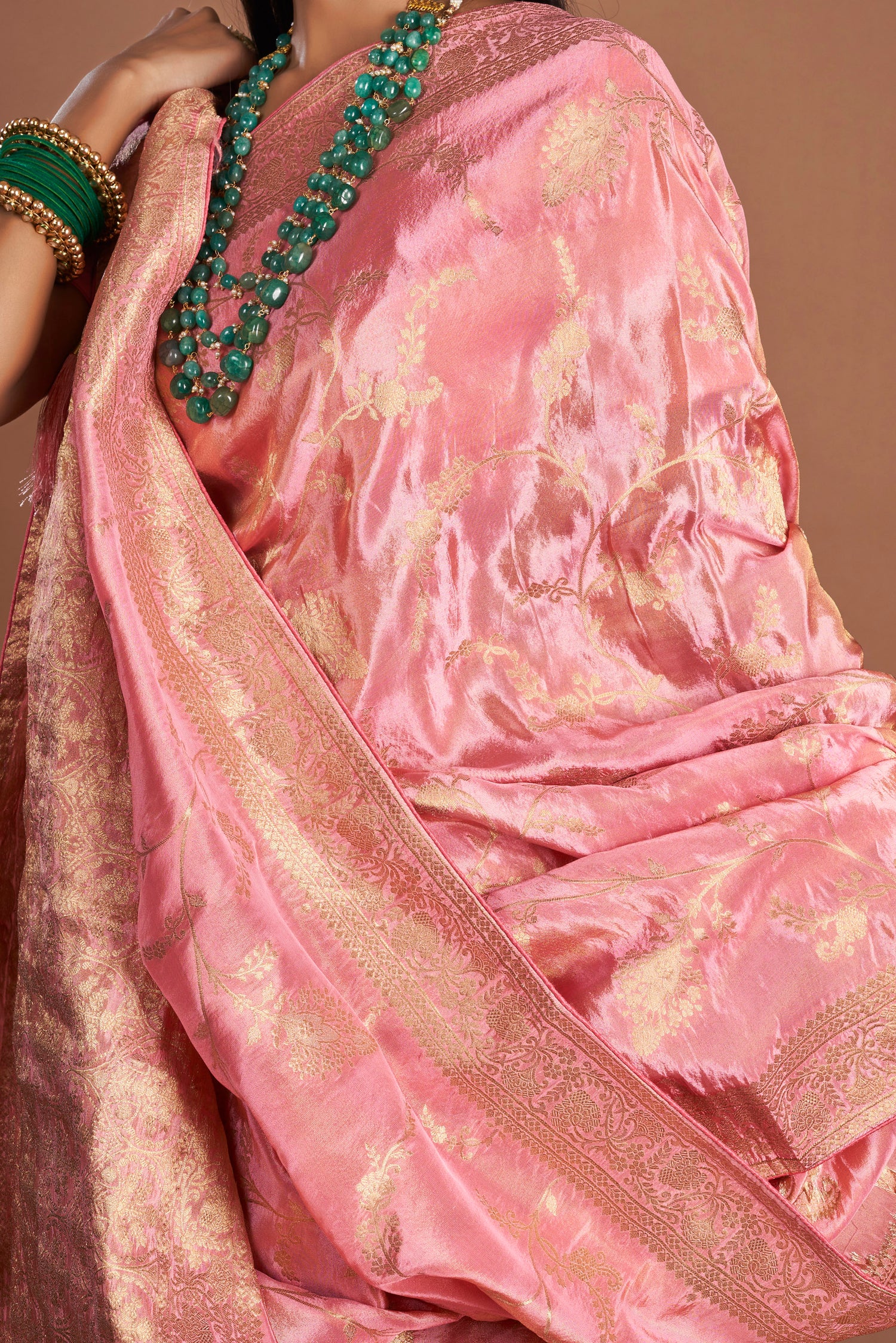 Women Pink Viscose Tissue Zari Saree